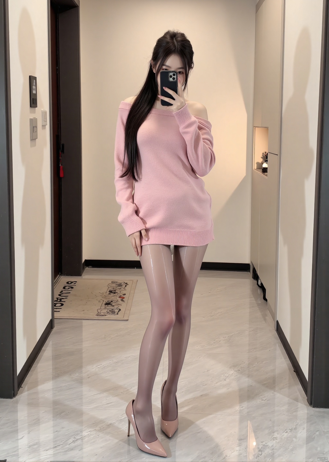 Realistic photos, 1girl, long hair, fair skin, big breast, off-shoulder pink sweater, shiny pantyhose, long legs, high heels, full body, standing in the elevator, selfie,
