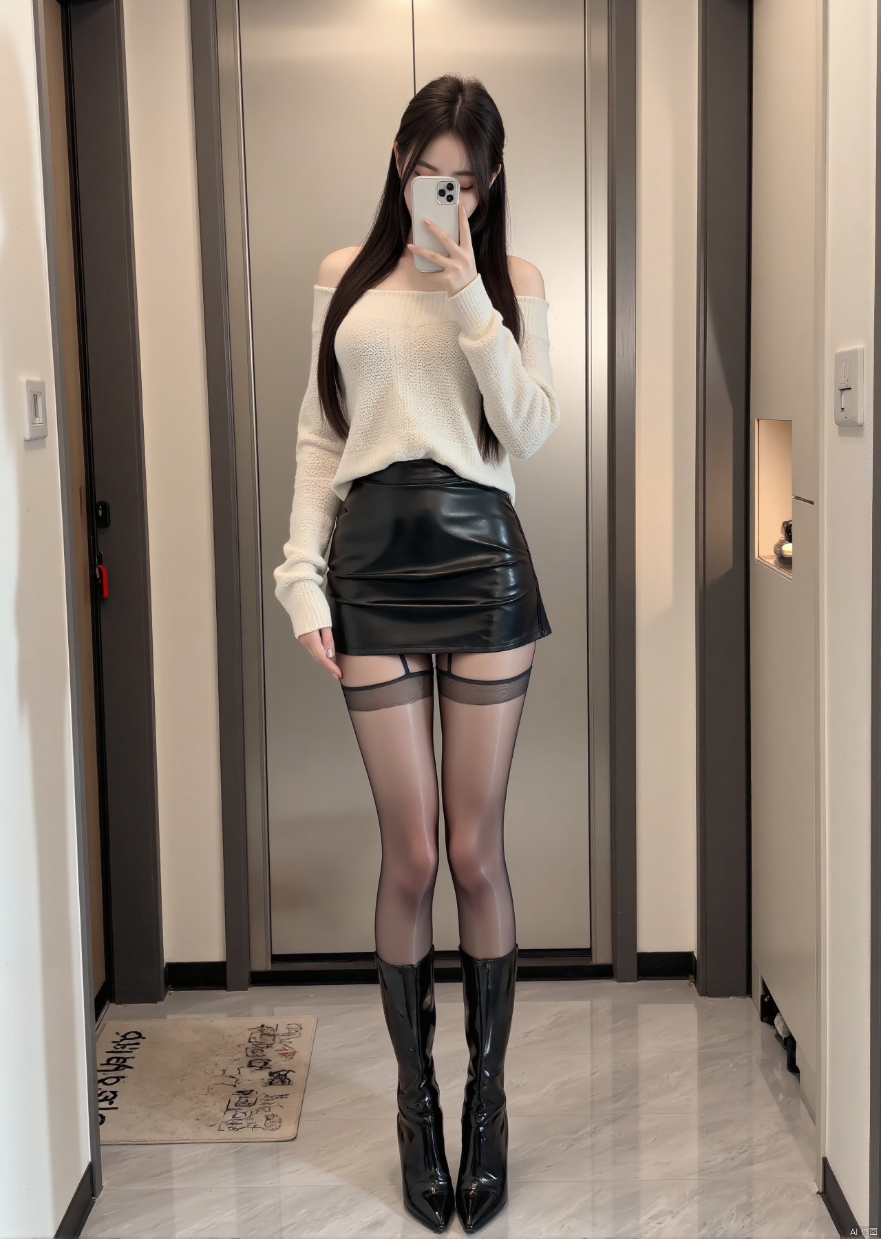 Realistic photos, 1girl, long hair, fair skin, big breast, off-shoulder sweater, short leather skirt, pantyhose, long legs, long boots, full body, standing in the elevator, selfie,