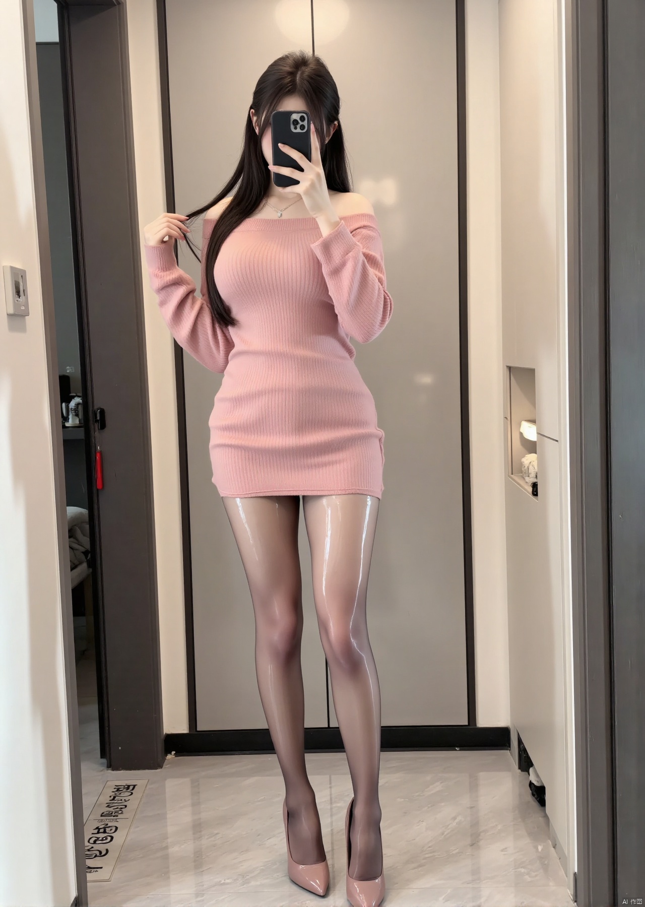 Realistic photos, 1girl, long hair, fair skin, big breast, off-shoulder pink sweater, shiny pantyhose, long legs, high heels, full body, standing in the elevator, selfie,