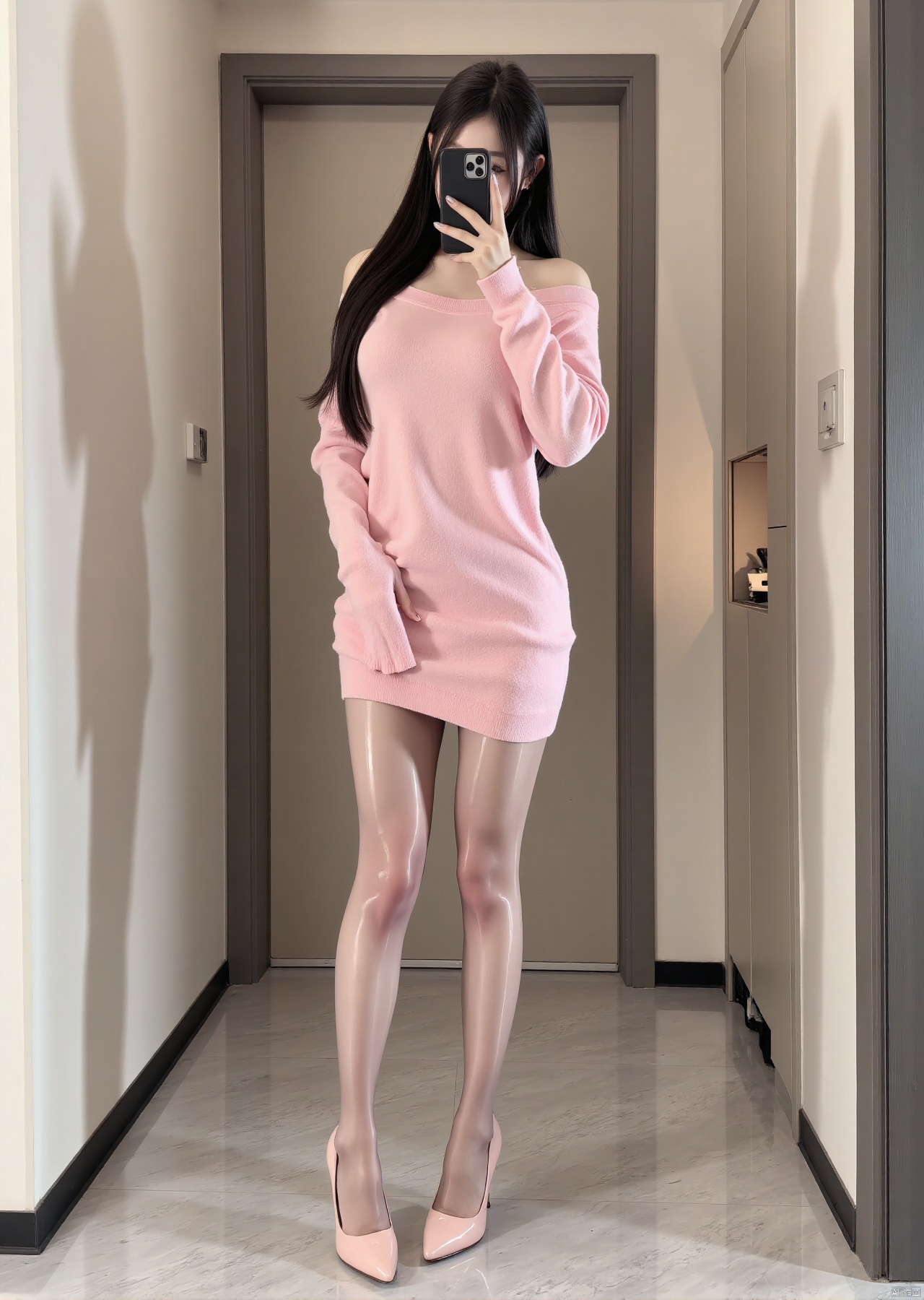 Realistic photos, 1girl, long hair, fair skin, big breast, off-shoulder pink sweater, shiny pantyhose, long legs, high heels, full body, standing in the elevator, selfie,