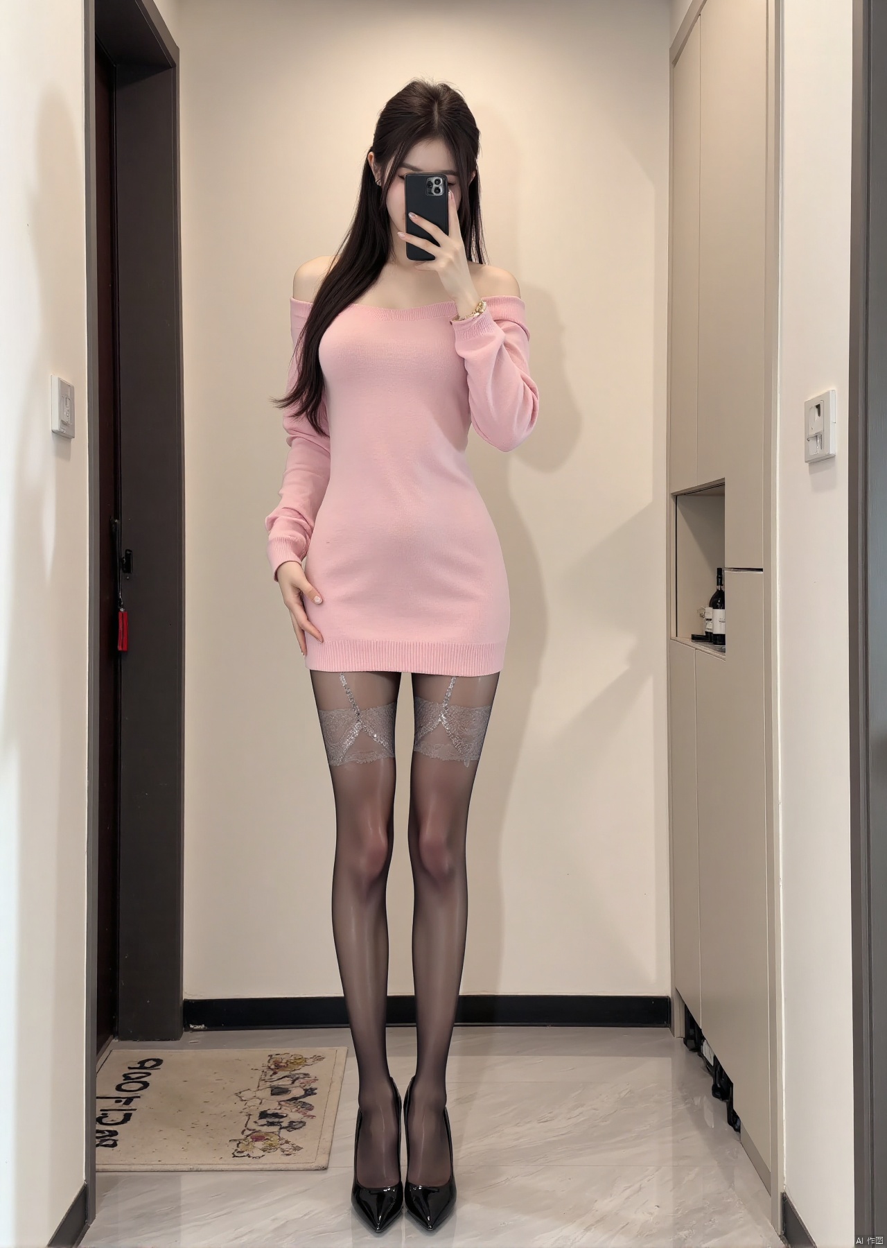 Realistic photos, 1girl, long hair, fair skin, big breast, off-shoulder pink sweater, shiny pantyhose, long legs, high heels, full body, standing in the elevator, selfie,