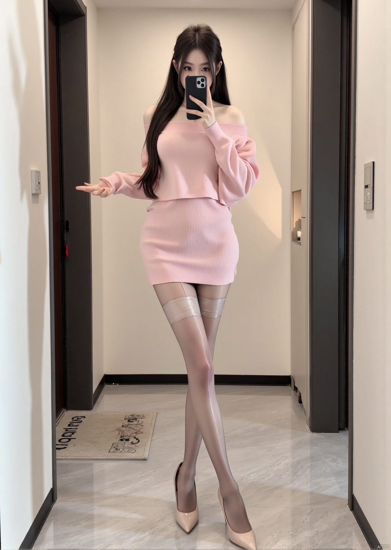 Realistic photos, 1girl, long hair, fair skin, big breast, off-shoulder pink sweater, shiny pantyhose, long legs, high heels, full body, standing in the elevator, selfie,