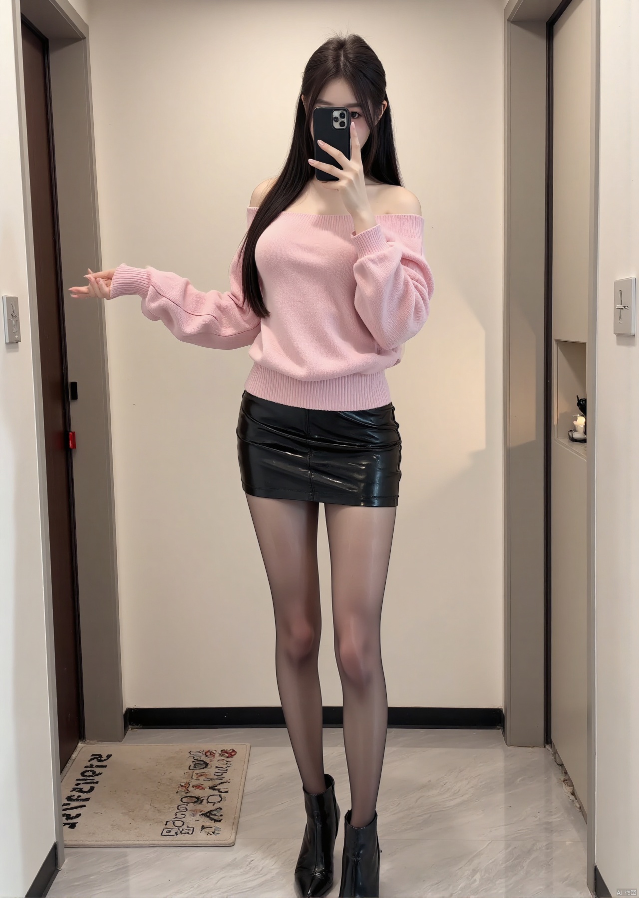 Realistic photos, 1girl, long hair, fair skin, big breast, off-shoulder pink sweater, short leather skirt, pantyhose, long legs, high boots, full body, standing in the elevator, selfie,