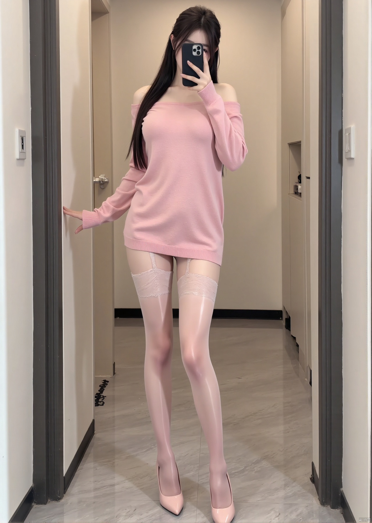 Realistic photos, 1girl, long hair, fair skin, big breast, off-shoulder pink sweater, shiny pantyhose, long legs, high heels, full body, standing in the elevator, selfie,