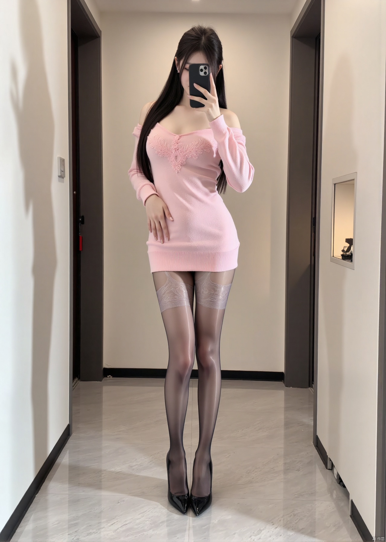 Realistic photos, 1girl, long hair, fair skin, big breast, off-shoulder pink sweater, shiny pantyhose, long legs, high heels, full body, standing in the elevator, selfie,