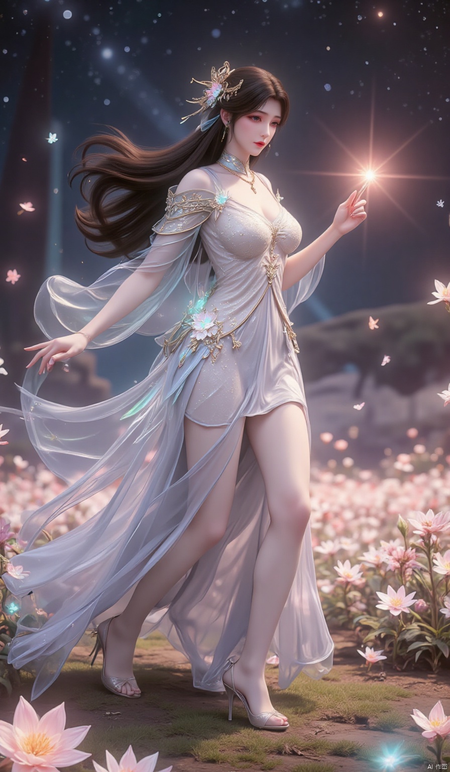 In an infinite,  enchanted flower field that seems to stretch beyond the very fabric of space and time,  every flower glow...