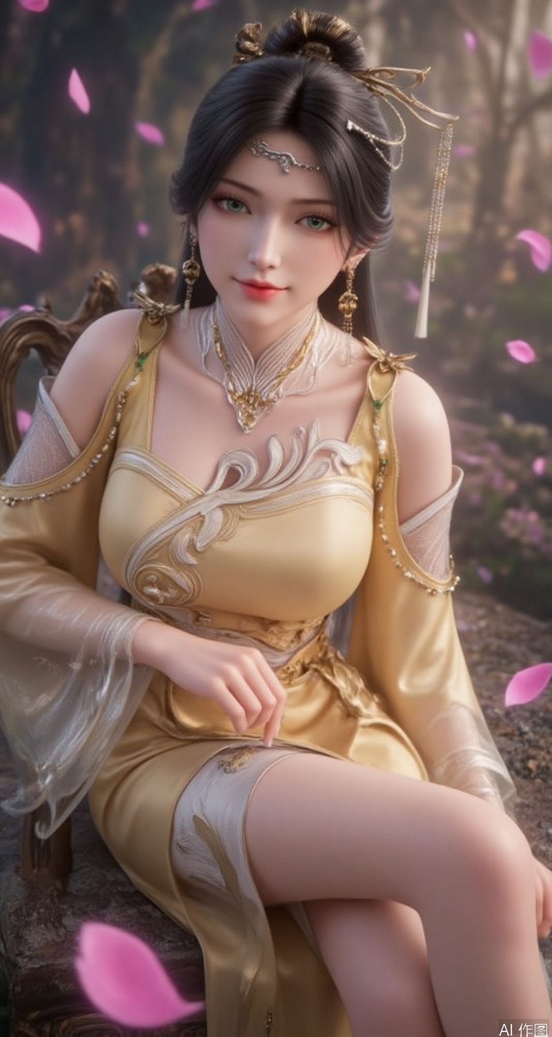 lvjing,baoshi,jinpinger,a beautiful woman,wearing a yellow dress,black hair,hair_bun,headpiece,hairpin,a charming smile revealed,green eyes,sitting on a chair,the background is a magnificent cathedral,a large number of petals are dancing in the air,
cover,simple background,gradient background,close-up details,outstanding style,adding a touch of dimension to your images without compromising details,close-up,long legs