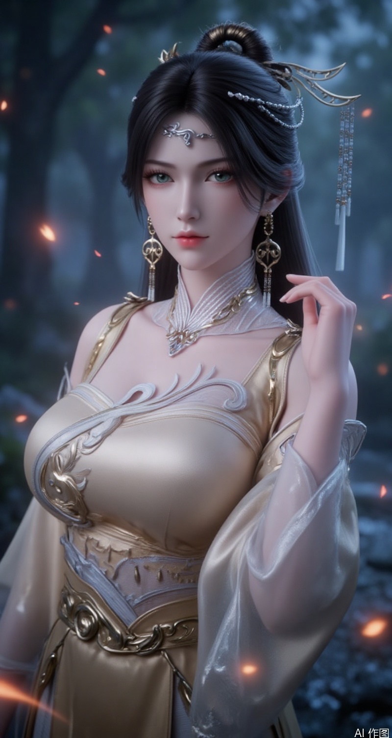 lvjing,baoshi,jinpinger,black hair,green eyes,fair_skin,long hair,headpiece,jewelry,earrings,hair_ornament,1girl,solo,breasts,jewelry,earrings,shirt,looking at viewer,cleavage,white shirt,blurry,blurry background,medium breasts,realistic,lips,collared shirt,upper body,sleeves rolled up,eyelashes,makeup,hoop earrings,5, (fantasy theme:1.1),mysterious atmosphere,magic scene,best quality,8K resolution,fantasy concept art,movie-level rendering,glowing special effects,soft light filter,silk texture,ambient light reflection,gorgeous silk robe,embroidery pattern,skirt fluttering,long hair dynamic fluttering,exquisite hair accessories classical sense,exquisite decorative patterns,water wave mirror reflection,ground light effect particles floating,mysterious light source diffusing,cold ambient light and warm decorative light contrast,high saturation fantasy tones,thick coated metal texture,celluloid style clear contour,dynamic blur hair strokes,mysterious symbol dark patterns,translucent luminous energy field,air perspective atomization effect.,