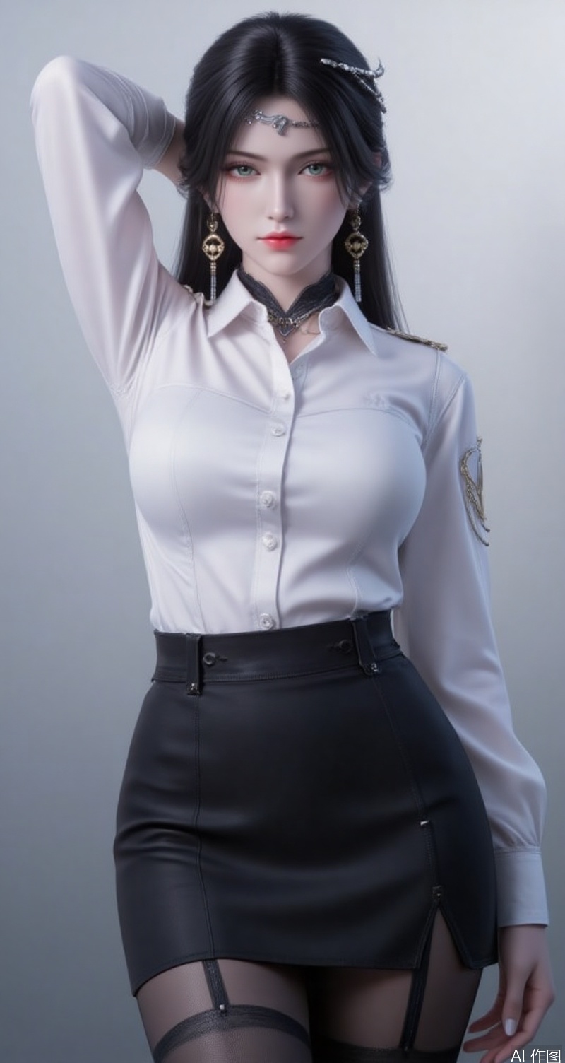 lvjing,baoshi,jinpinger,black hair,green eyes,fair_skin,long hair,headpiece,jewelry,earrings,hair_ornament,1girl,solo,shirt,pencil skirt,skirt,white shirt,black skirt,looking at viewer,collared shirt,collar,thighhighs,long sleeves,arms up,arms behind head,choker,breasts,high-waist skirt,red lips,office lady,lips,standing,cowboy shot,indoors,buttons,black thighhighs,dress shirt,realistic,black choker,cover,simple background,gradient background,close-up details,outstanding style,adding a touch of dimension to your images without compromising details,close-up,