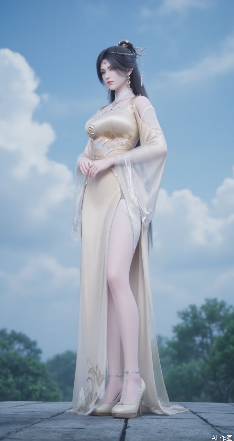 lvjing,baoshi,jinpinger,1girl,solo,dress,chinese clothes,sky,high heels,black hair,tree,white dress,cloud,outdoors,china dress,long hair,standing,cloudy sky,jewelry,
cover,simple background,gradient background,close-up details,outstanding style,adding a touch of dimension to your images without compromising details,close-up,long legs