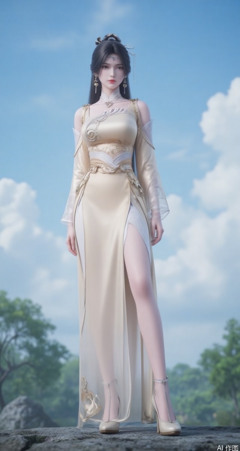 lvjing,baoshi,jinpinger,1girl,solo,dress,chinese clothes,sky,high heels,black hair,tree,white dress,cloud,outdoors,china dress,long hair,standing,cloudy sky,jewelry,
cover,simple background,gradient background,close-up details,outstanding style,adding a touch of dimension to your images without compromising details,close-up,long legs