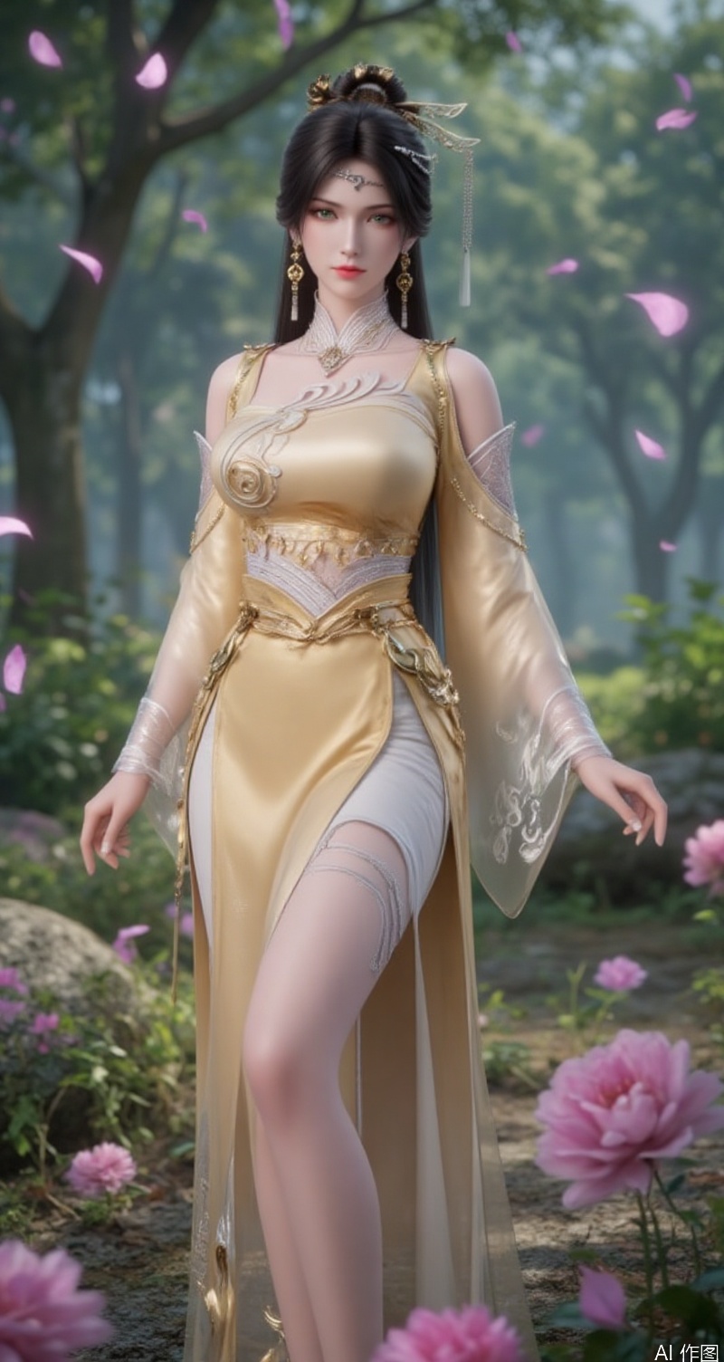 lvjing,baoshi,jinpinger,a beautiful woman,black hair,hair_bun,green eyes,fair skin,wearing a yellow dress,large breasts,tassel,earrings,hairpin,veil,upper_body,the background is a forest,countless petals and flowers dance in the air,
cover,simple background,gradient background,close-up details,outstanding style,adding a touch of dimension to your images without compromising details,close-up,long legs