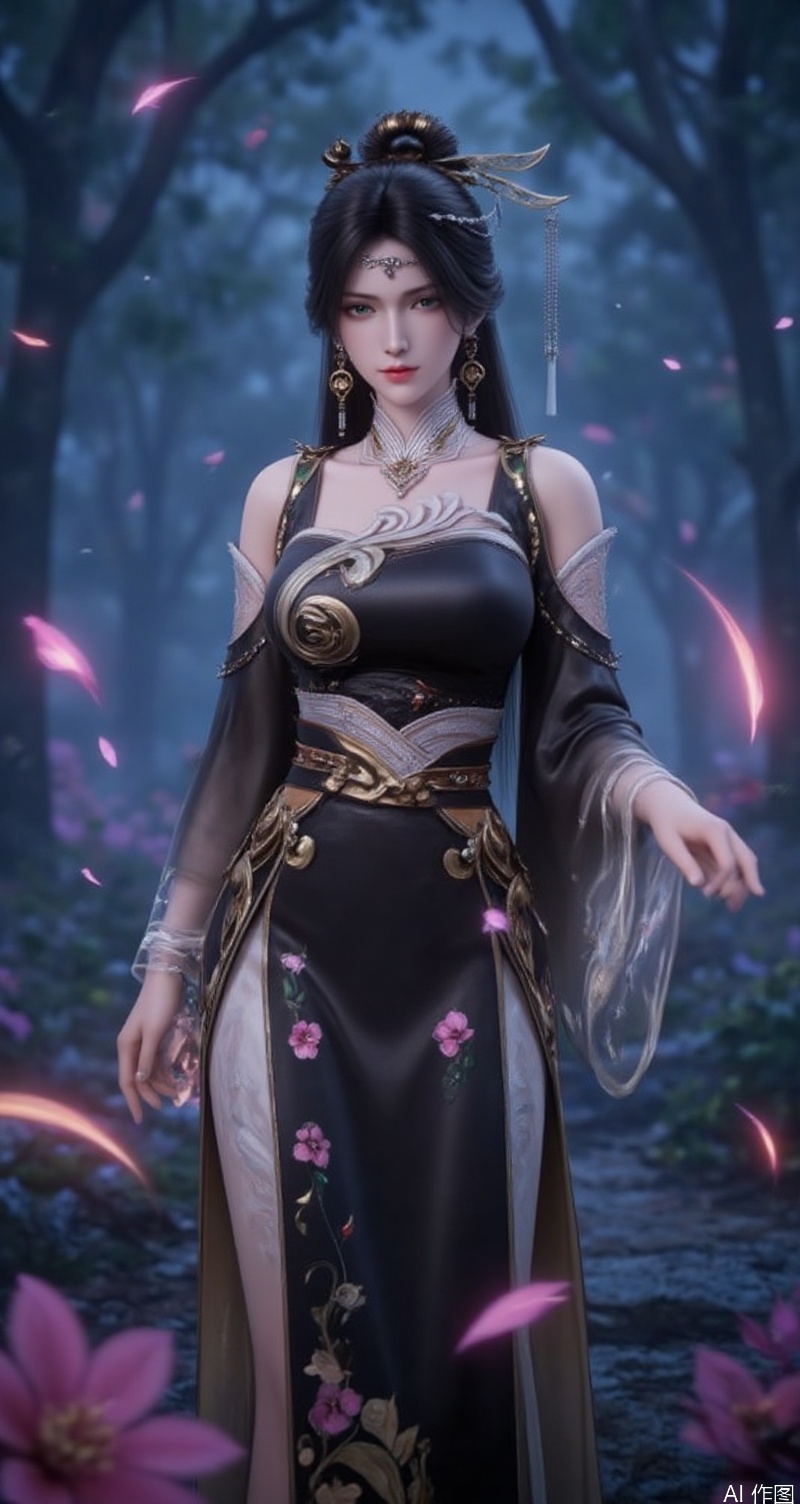 lvjing,baoshi,jinpinger,black hair,green eyes,fair_skin,long hair,headpiece,jewelry,earrings,hair_ornament,1girl,solo,jewelry,earrings,hair ornament,flower,hair flower,full body,looking at viewer,standing,floral print,dress,blurry,long sleeves,blurry background,chinese clothes,black dress,fur trim,alternate costume,5, (fantasy theme:1.1),mysterious atmosphere,magic scene,best quality,8K resolution,fantasy concept art,movie-level rendering,glowing special effects,soft light filter,silk texture,ambient light reflection,gorgeous silk robe,embroidery pattern,skirt fluttering,long hair dynamic fluttering,exquisite hair accessories classical sense,exquisite decorative patterns,water wave mirror reflection,ground light effect particles floating,mysterious light source diffusing,cold ambient light and warm decorative light contrast,high saturation fantasy tones,thick coated metal texture,celluloid style clear contour,dynamic blur hair strokes,mysterious symbol dark patterns,translucent luminous energy field,air perspective atomization effect.,
