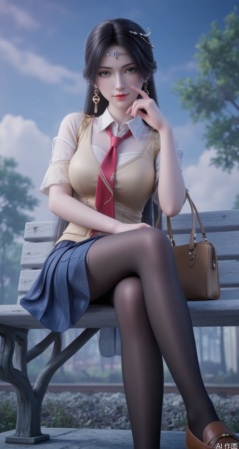 lvjing,baoshi,jinpinger,black hair,green eyes,fair_skin,long hair,headpiece,jewelry,earrings,hair_ornament,1girl,long hair,solo,black hair,pantyhose,train station,necktie,skirt,sitting,hair ornament,hairclip,school uniform,bench,red necktie,shoes,pleated skirt,loafers,shirt,day,white shirt,black pantyhose,looking at viewer,tree,blue eyes,blue skirt,short sleeves,outdoors,bag,sweater vest,closed mouth,cloud,blush,sky,smile,blue sky,brown footwear,9,cover,simple background,gradient background,close-up details,outstanding style,adding a touch of dimension to your images without compromising details,close-up,