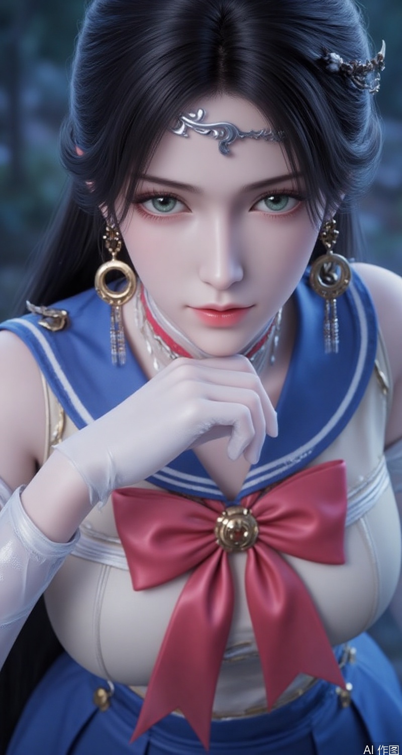 lvjing,baoshi,jinpinger,black hair,green eyes,fair_skin,long hair,headpiece,jewelry,earrings,hair_ornament,1girl,solo,skirt,sailor senshi uniform,blue sailor collar,jewelry,gloves,sailor collar,blue skirt,choker,white gloves,earrings,crescent earrings,pleated skirt,bow,magical girl,red bow,crescent,elbow gloves,red choker,covered navel,hair ornament,looking at viewer,collarbone,bowtie,circlet, Close-up details,outstanding style,adding a touch of dimension to your images without compromising details,close-up,,lvjing,