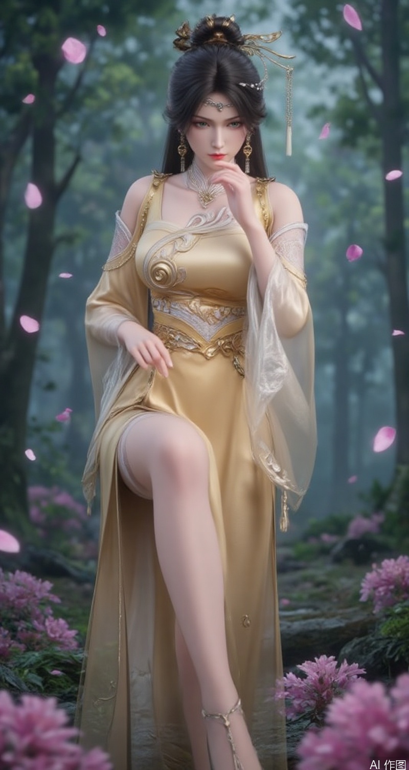 lvjing,baoshi,jinpinger,a beautiful woman,black hair,hair_bun,green eyes,fair skin,wearing a yellow dress,large breasts,tassel,earrings,hairpin,veil,upper_body,the background is a forest,countless petals and flowers dance in the air,
cover,simple background,gradient background,close-up details,outstanding style,adding a touch of dimension to your images without compromising details,close-up,long legs