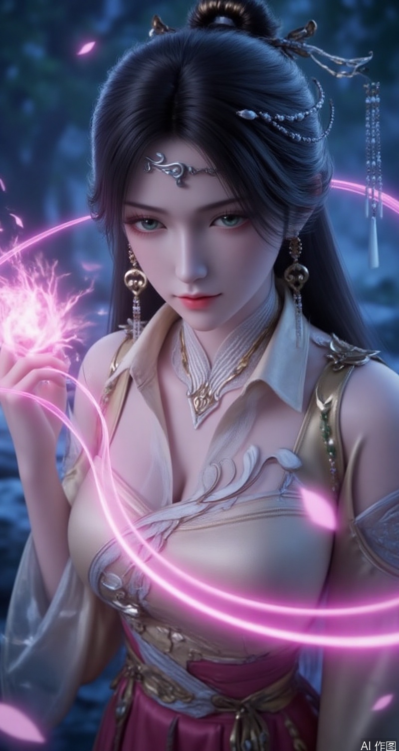 lvjing,baoshi,jinpinger,black hair,green eyes,fair_skin,long hair,headpiece,jewelry,earrings,hair_ornament,1girl,solo,breasts,jewelry,earrings,shirt,looking at viewer,cleavage,white shirt,blurry,blurry background,medium breasts,realistic,lips,collared shirt,upper body,sleeves rolled up,eyelashes,makeup,hoop earrings,5, (fantasy theme:1.1),mysterious atmosphere,magic scene,best quality,8K resolution,fantasy concept art,movie-level rendering,glowing special effects,soft light filter,silk texture,ambient light reflection,gorgeous silk robe,embroidery pattern,skirt fluttering,long hair dynamic fluttering,exquisite hair accessories classical sense,exquisite decorative patterns,water wave mirror reflection,ground light effect particles floating,mysterious light source diffusing,cold ambient light and warm decorative light contrast,high saturation fantasy tones,thick coated metal texture,celluloid style clear contour,dynamic blur hair strokes,mysterious symbol dark patterns,translucent luminous energy field,air perspective atomization effect.,