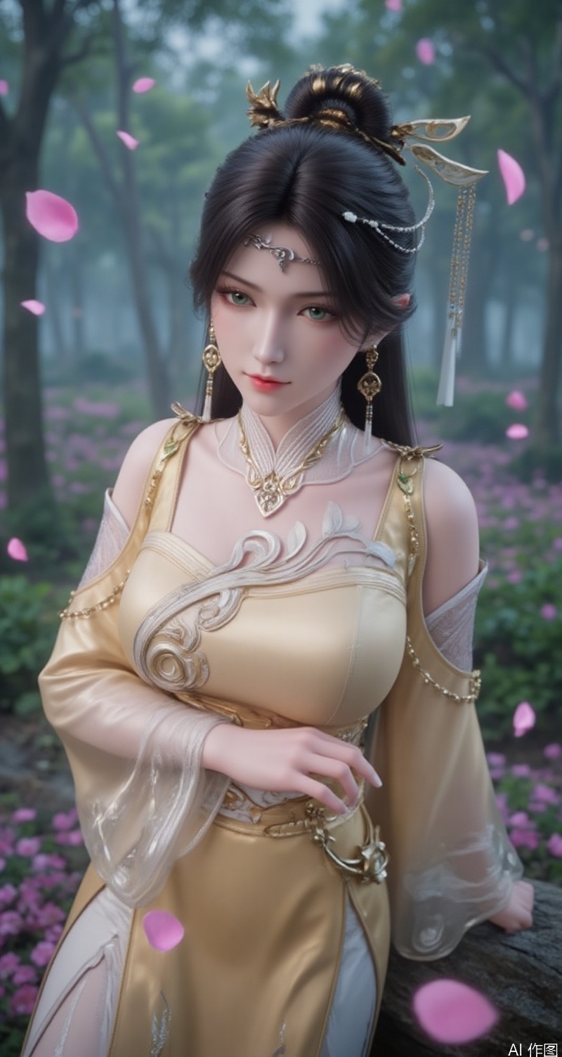 lvjing,baoshi,jinpinger,a beautiful woman,black hair,hair_bun,green eyes,fair skin,wearing a yellow dress,large breasts,tassel,earrings,hairpin,veil,upper_body,the background is a forest,countless petals and flowers dance in the air,
cover,simple background,gradient background,close-up details,outstanding style,adding a touch of dimension to your images without compromising details,close-up,long legs