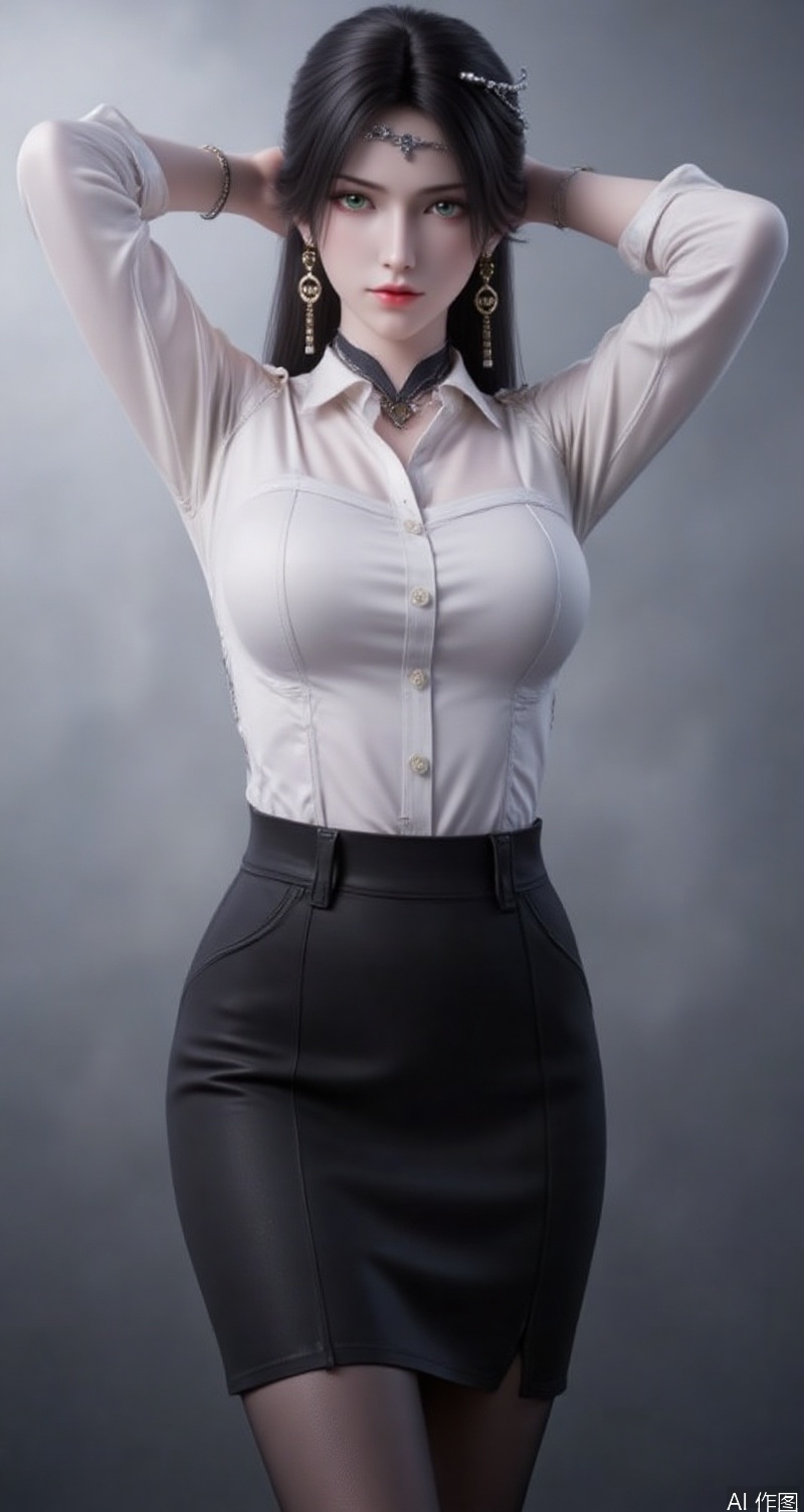 lvjing,baoshi,jinpinger,black hair,green eyes,fair_skin,long hair,headpiece,jewelry,earrings,hair_ornament,1girl,solo,shirt,pencil skirt,skirt,white shirt,black skirt,looking at viewer,collared shirt,collar,thighhighs,long sleeves,arms up,arms behind head,choker,breasts,high-waist skirt,red lips,office lady,lips,standing,cowboy shot,indoors,buttons,black thighhighs,dress shirt,realistic,black choker,cover,simple background,gradient background,close-up details,outstanding style,adding a touch of dimension to your images without compromising details,close-up,