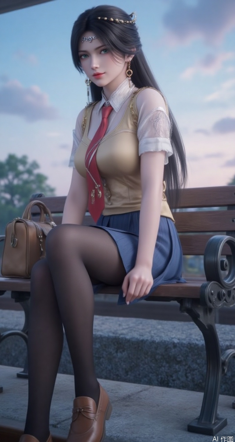 lvjing,baoshi,jinpinger,black hair,green eyes,fair_skin,long hair,headpiece,jewelry,earrings,hair_ornament,1girl,long hair,solo,black hair,pantyhose,train station,necktie,skirt,sitting,hair ornament,hairclip,school uniform,bench,red necktie,shoes,pleated skirt,loafers,shirt,day,white shirt,black pantyhose,looking at viewer,tree,blue eyes,blue skirt,short sleeves,outdoors,bag,sweater vest,closed mouth,cloud,blush,sky,smile,blue sky,brown footwear,9,cover,simple background,gradient background,close-up details,outstanding style,adding a touch of dimension to your images without compromising details,close-up,