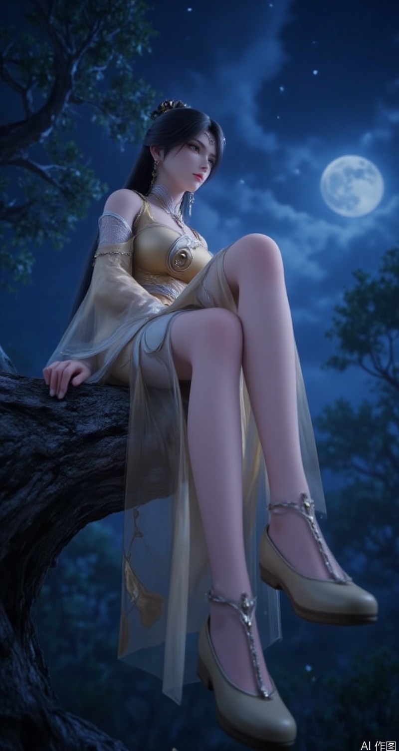 lvjing,baoshi,jinpinger,1girl,night,tree,sitting,black hair,from below,solo,jewelry,dress,long hair,earrings,sky,chinese clothes,bare legs,night sky,moon,yellow shoes,veil,
cover,simple background,gradient background,close-up details,outstanding style,adding a touch of dimension to your images without compromising details,close-up,long legs