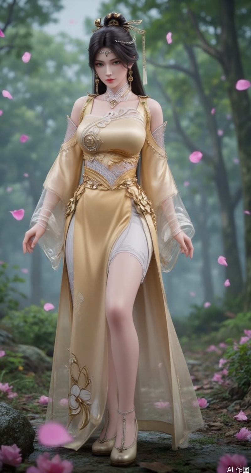 lvjing,baoshi,jinpinger,a beautiful woman,black hair,hair_bun,green eyes,fair skin,wearing a yellow dress,large breasts,tassel,earrings,hairpin,veil,upper_body,the background is a forest,countless petals and flowers dance in the air,
cover,simple background,gradient background,close-up details,outstanding style,adding a touch of dimension to your images without compromising details,close-up,long legs