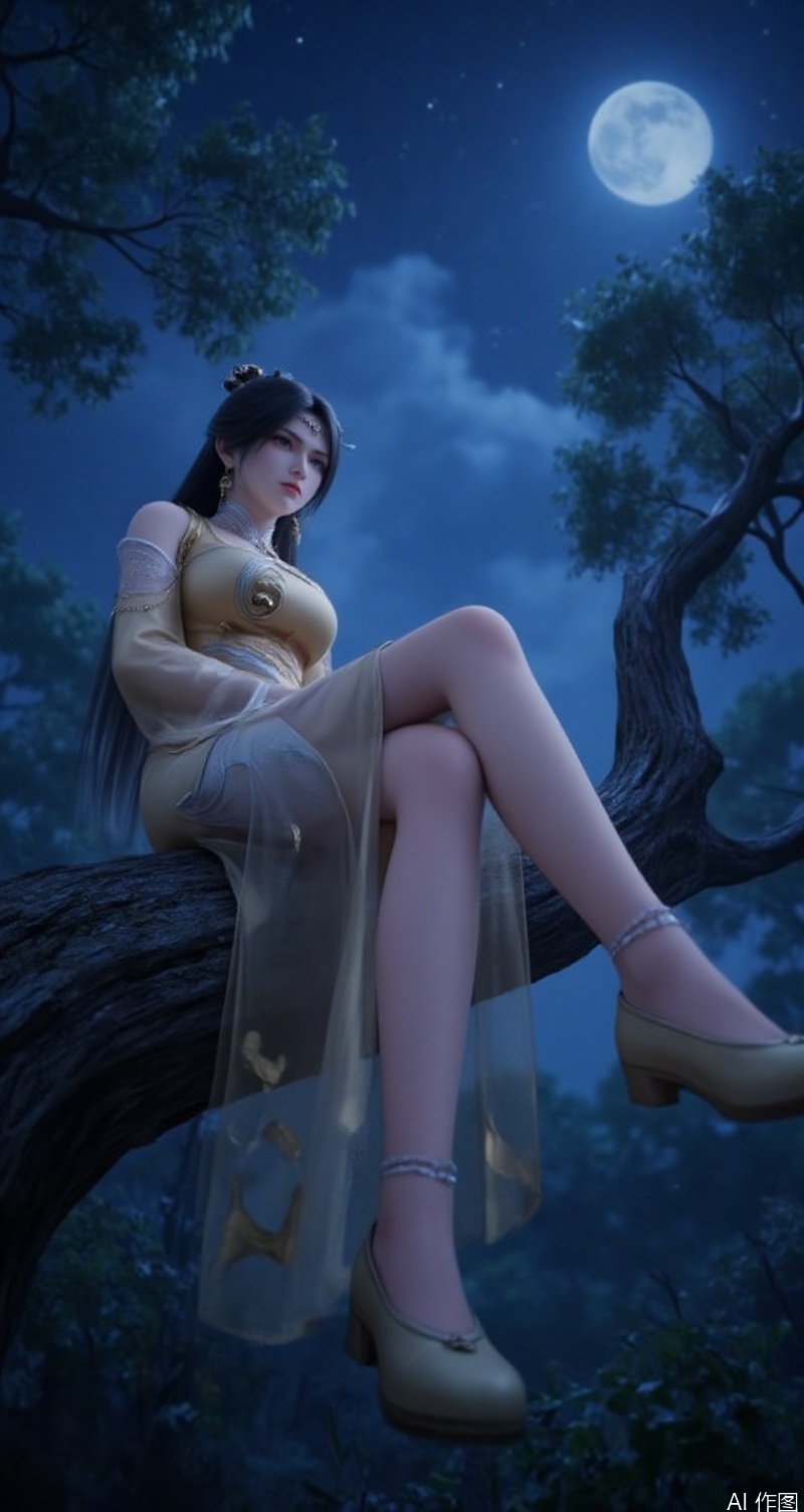 lvjing,baoshi,jinpinger,1girl,night,tree,sitting,black hair,from below,solo,jewelry,dress,long hair,earrings,sky,chinese clothes,bare legs,night sky,moon,yellow shoes,veil,
cover,simple background,gradient background,close-up details,outstanding style,adding a touch of dimension to your images without compromising details,close-up,long legs