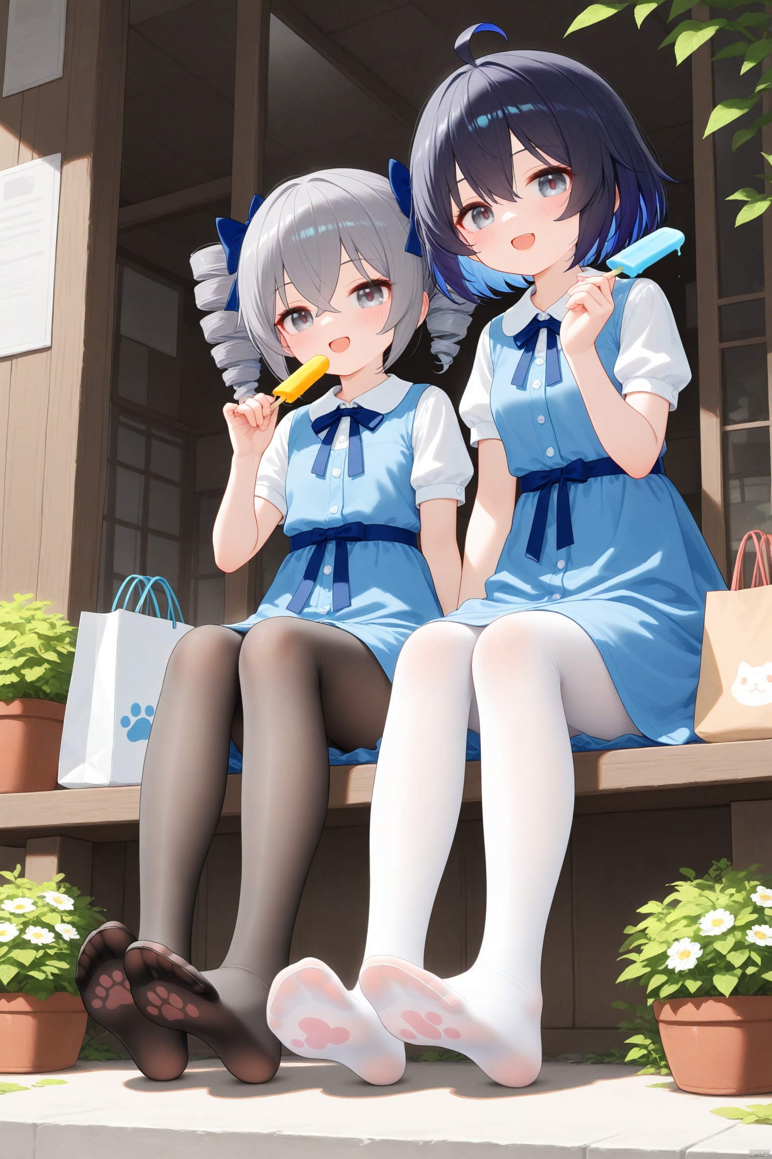 masterpiece,best quality,high quality,looking at viewer, blush, smile, short hair, open mouth, bangs, blue eyes, multiple girls, dress, bow, holding, 2girls, hair between eyes, blue hair, full body, ahoge, short sleeves, :d, hair bow, grey hair, pantyhose, outdoors, food, bag, vest, feet, grey eyes, toes, blue dress, no shoes, drill hair, soles, holding food, twin drills, popsicle, foot focus, holding bag, paw print, shopping bag, bronya zaychik, seele vollerei,cxnice3