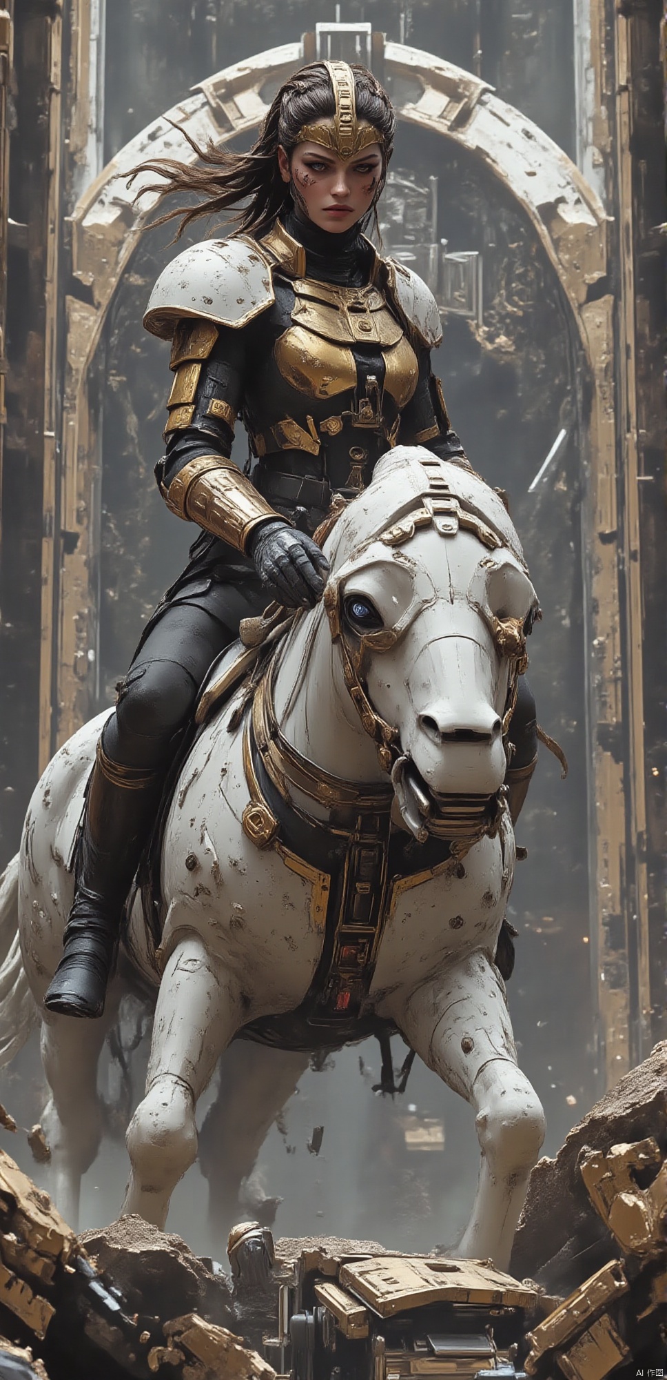a semi robotic female knight riding a white mechanical horse with flowing long hair and holding a handgun is a future police officer,white future technology style,CYBERSTNR,boudoir style.,IN THE STYLE OF FF-SSF,mecha wall background.