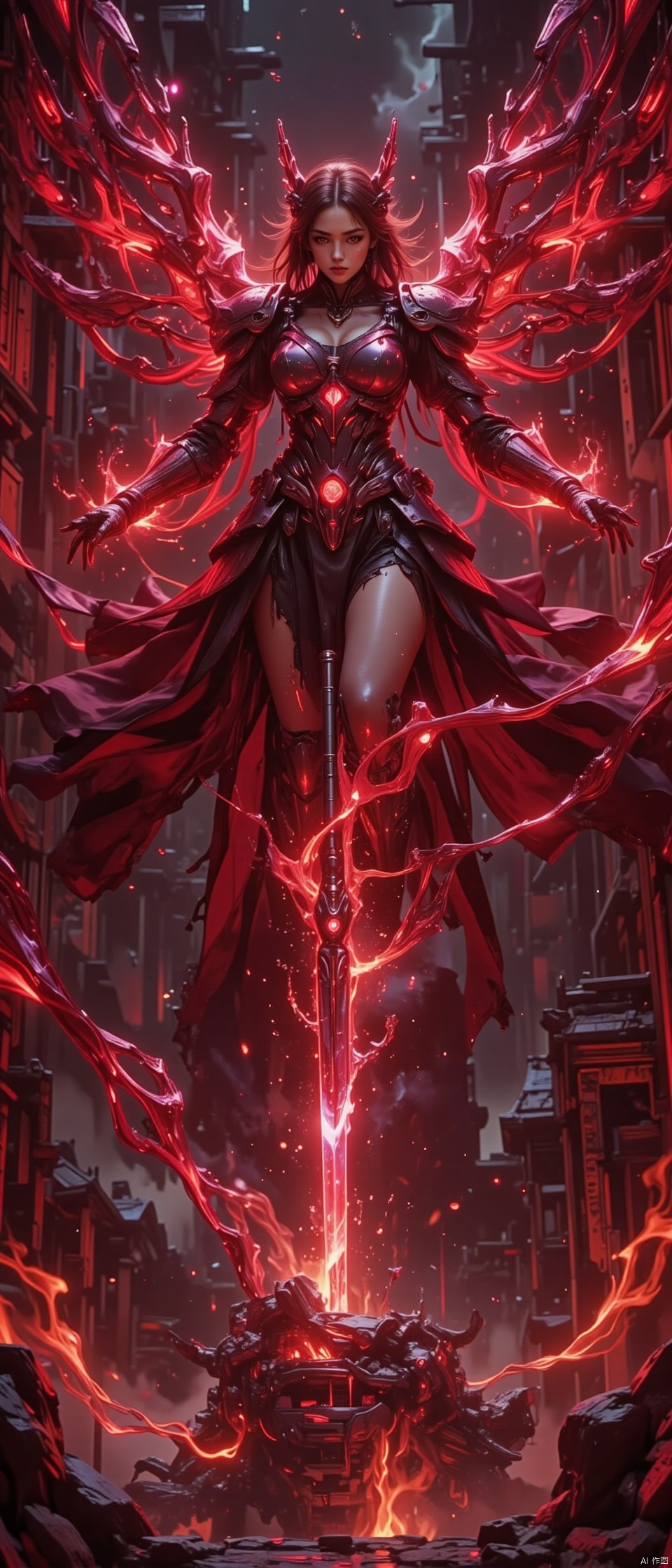 dtpose,Vortex,wuxia,shuimo,Vortex,AJFYUN,Vortex,3D rendering,airflow whirlwind. Realistic visual effects.,Red four-winged angel,a girl,a tight and delicate mecha,holding a luminous spear,the airflow rolls up the black flame to form a vortex,the background is a black abandoned city. Movie special effects.,. Expose thighs,sexy figure.,pose,CYBERSTNR,