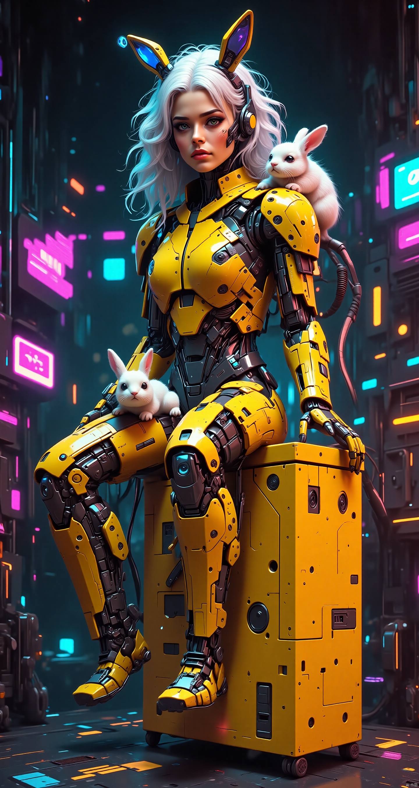 Super-realistic photography, a long-haired female robot sitting on a yellow technology charging bucket. Her hair is silvery white, curly and fluffy, and she wears bunny ears on her head. She wore a yellow top, black shorts and blue shoes with yellow bow decorations. On her lap was a little white bunny, and on her shoulder lay another little bunny. The background is a cyberpunk city with neon lights,Mechanical girl,CYBERSTNR,