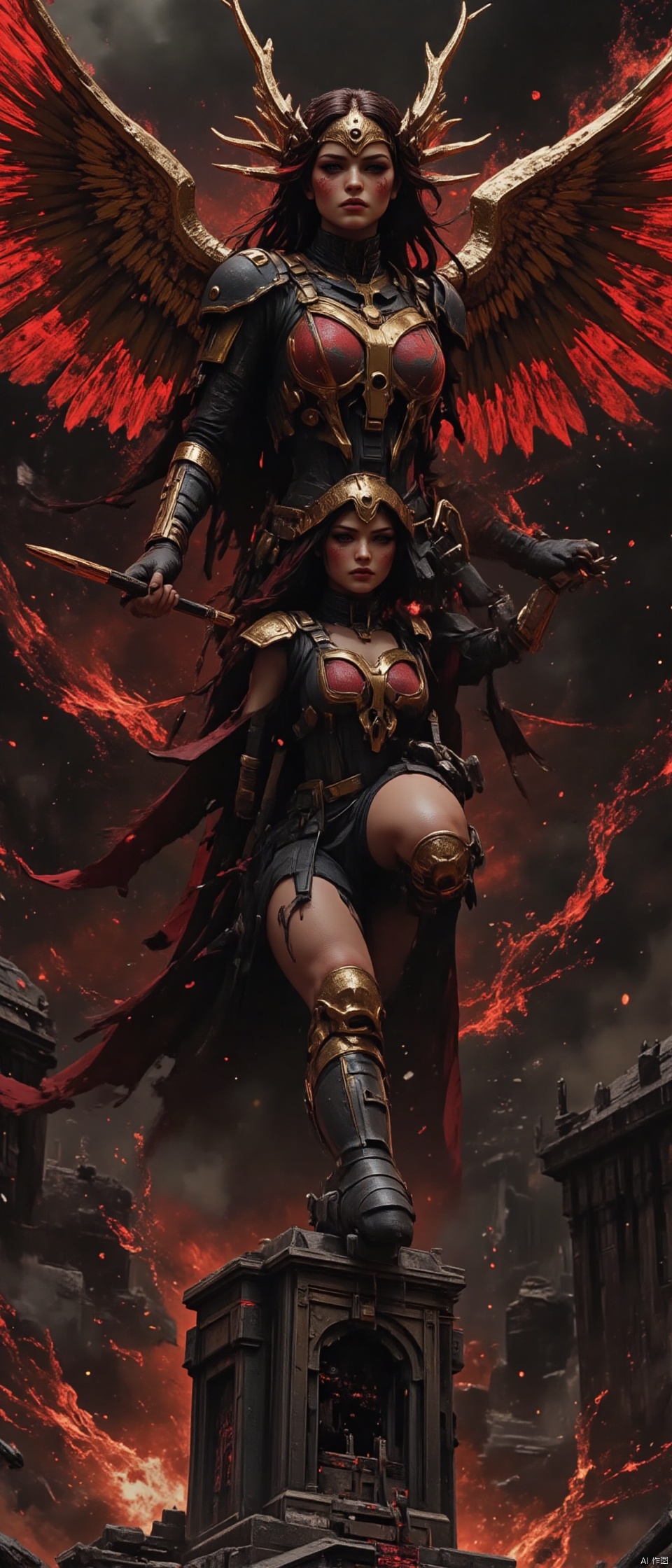dtpose,Vortex,wuxia,shuimo,Vortex,AJFYUN,Vortex,3D rendering,airflow whirlwind. Realistic visual effects.,Red four-winged angel,a girl,a tight and delicate mecha,holding a luminous spear,the airflow rolls up the black flame to form a vortex,the background is a black abandoned city. Movie special effects.,. Expose thighs,sexy figure.,pose,CYBERSTNR,,IN THE STYLE OF FF-SSF,