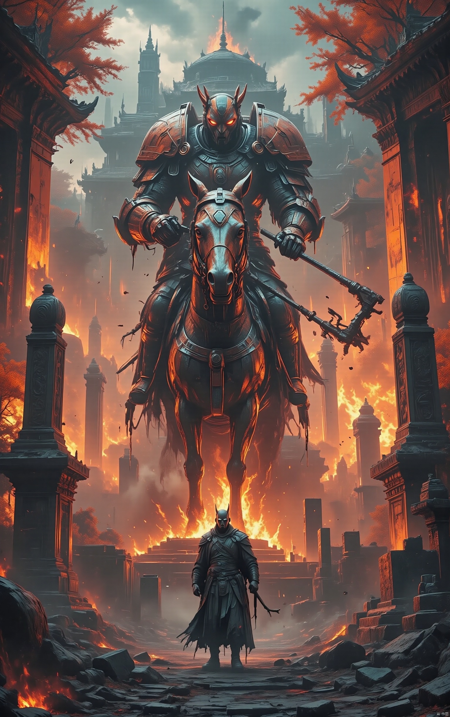 robot,Lyu3 bu4,lyu3 bu4 riding a red rabbit horse,lyu3 bu4 holding a square sky painting halberd,in the battlefield unpredictable,a man at the gate,the god of war,the ghost,huge filesize,wallpaper,game cg,metallic luster,fantasy,ban,(autumn map forest:1.3),(very few) gradient_sky,(very, water vapor,explosion,rubble_ruins,remains,weapon,mechanization,machine,machinery,mechanical_arms,robot_joints,huge_weapon,horse,contempt,disdain,graveyard,tombstone,incredibly absurdres,absurdres, mecha,taken by Sony Alpha 7R IV, Zeiss Otus 85mm F1.4, ISO 100 Shutter Speed 1/400, Vivid picture, intricate background,xuanhuanfapao,qihuanmopan,hkgod,mohuan,CYBERSTNR,