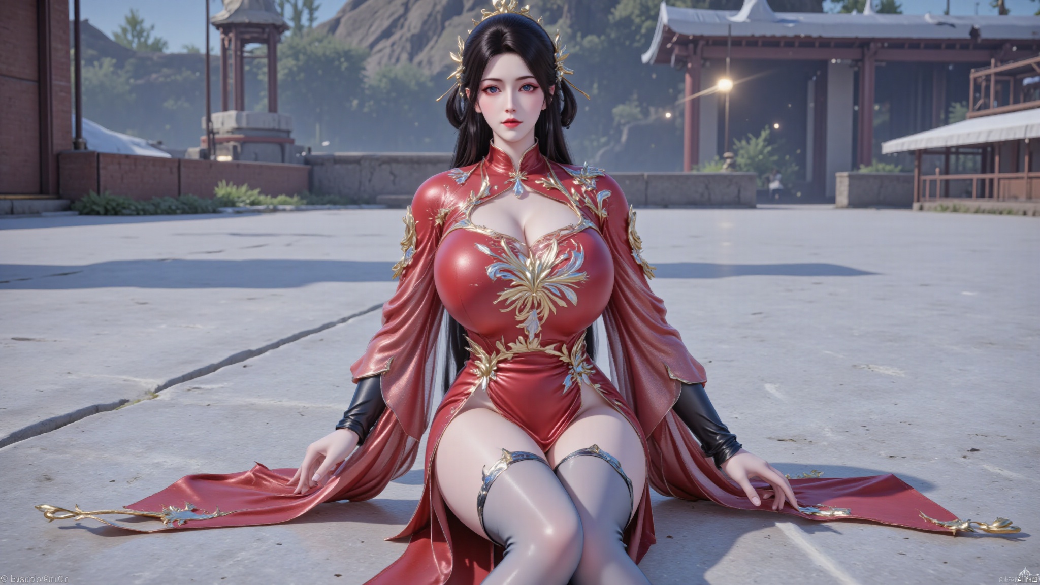 best quality,realistic,DTCchange,Hugebr,huge breasts,huge buttocks,luxueqi,which is a highly detailed CGI rendering of a woman in traditional Chinese attire. The woman is sitting on the ice, facing the camera. She has fair skin and dark brown, very long hair styled in a loose, flowing manner. Her head is adorned with a crown and a red ribbon and a gold necklace. Her hair is styled in a sleek ponytail. Her facial features are delicate, with a subtle makeup accentuating her eyes and lips. She wears a red Chinese dress adorned with gold embroidery and gold swirls and tassels. her dress is adorned with a red and gold pattern and adorned by a gold belt. Her dress is a deep red with a gold embroidered design on the chest and shoulders. Her dress is adorned with black leather gloves and black boots. The fabric appears to be made of a smooth, shiny material, possibly silk or a similar fabric, reflecting light and giving it a luxurious appearance. YMJHyubichaoyang,full body,LXQ陆雪琪,bed,indoors,modern home background,Hugebr,Rumengling,luxueqi,YMJHyiqingqiu,YMJH玄焰炽九宸,huolinger,