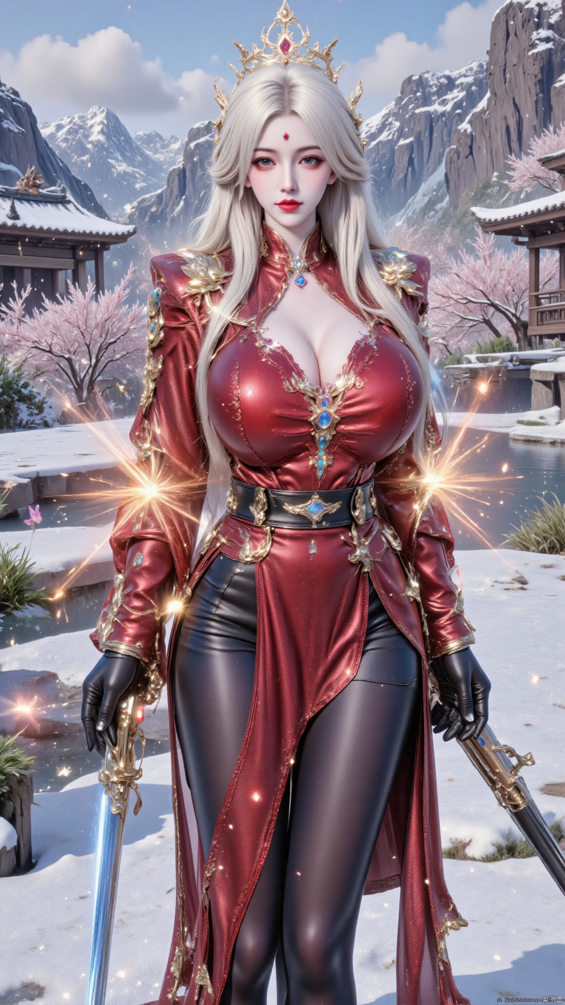 best quality,realistic,upper body,side cutout,hime cut,1girl,solo,long hair,blonde hair,hair ornament,crown,breasts,cleavage,dress,red dress,pantyhose,long sleeves,belt,armor,wide sleeves,gloves,black gloves,flower,choker,jewelry,red lips,magic,sparkle,red lips,handsome face,chinese clothes,sword,holding sword,YMJH玄焰炽九宸,snow,snowing,snow mountains,陆雪琪,luxueqi,Bibidong,change,Hugebr,yunluo
