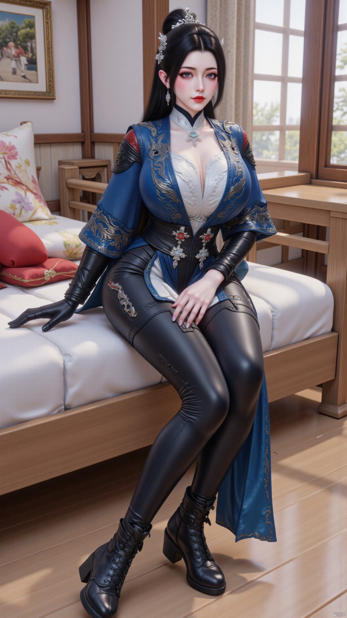 best quality,realistic,sitting on the bed,breasts,large breasts,huge breasts,huge buttocks,1girl,solo,long hair,black hair,hair ornament,hair bun,ribbon,long sleeves,gloves,black gloves,chinese clothes,dress,black pants,boots,black footwear,red lips,YMJH清永昼,QipaoQ,陆雪琪,change,Hugebr