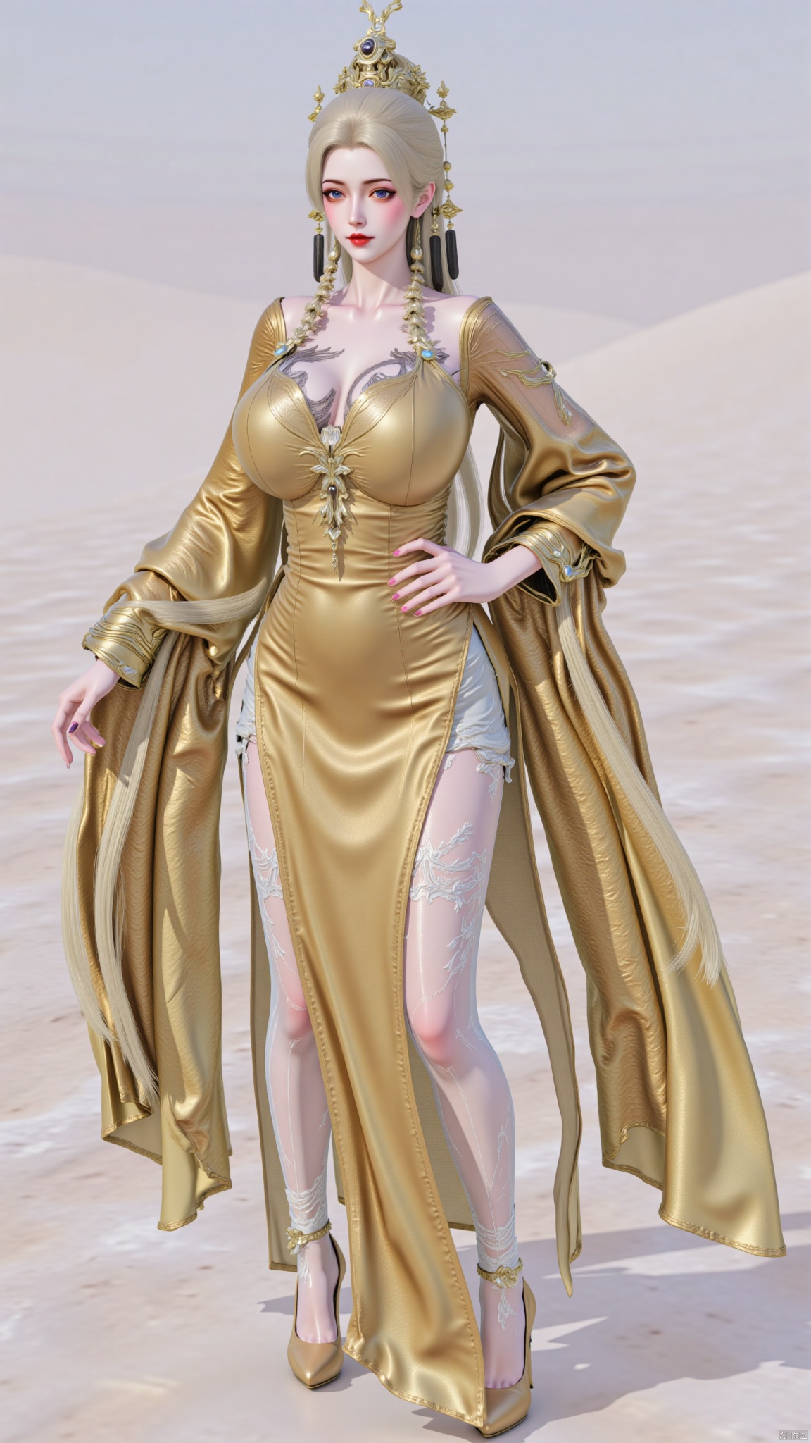 1girl,solo,looking at viewer,juru2,breasts,huge breasts,huge buttocks,long hair,very long hair,blonde hair,hair ornament,hair bun,chinese clothes,bare shoulders,see-through,long sleeves,wide sleeves,detached sleeves,dress,yellow dress,cleavage,thighhighs,pants,jewelry,necklace,boots,braid,sparkle,tattoo,makeup,crown,tassel,eyeshadow,red lips,YMJHyuntantianguangmiao,huolinger,HANFU DRESS.,Hugebr