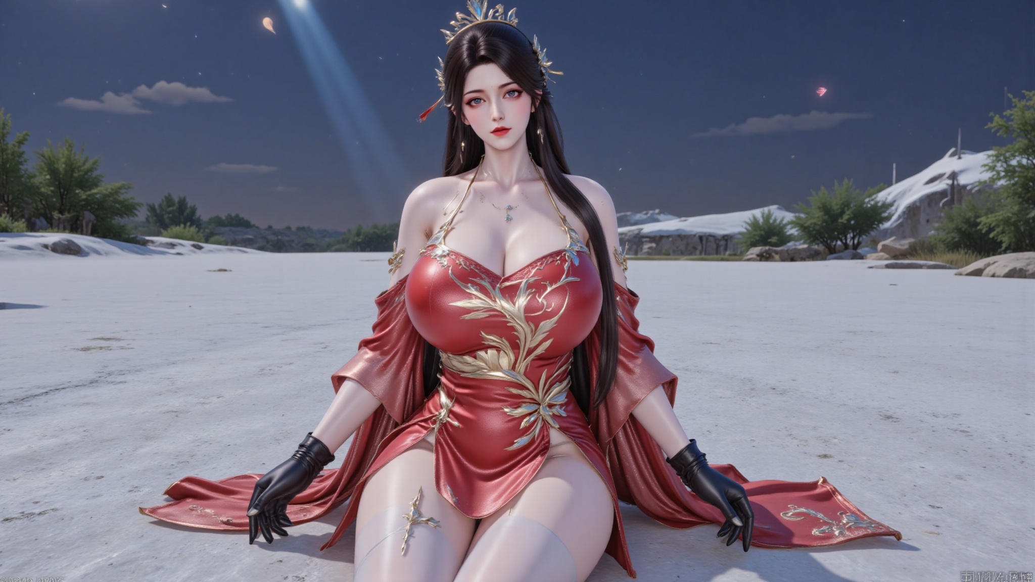 best quality,realistic,DTCchange,Hugebr,huge breasts,huge buttocks,luxueqi,which is a highly detailed CGI rendering of a woman in traditional Chinese attire. The woman is sitting on the ice, facing the camera. She has fair skin and dark brown, very long hair styled in a loose, flowing manner. Her head is adorned with a crown and a red ribbon and a gold necklace. Her hair is styled in a sleek ponytail. Her facial features are delicate, with a subtle makeup accentuating her eyes and lips. She wears a red Chinese dress adorned with gold embroidery and gold swirls and tassels. her dress is adorned with a red and gold pattern and adorned by a gold belt. Her dress is a deep red with a gold embroidered design on the chest and shoulders. Her dress is adorned with black leather gloves and black boots. The fabric appears to be made of a smooth, shiny material, possibly silk or a similar fabric, reflecting light and giving it a luxurious appearance. YMJHyubichaoyang,full body,LXQ陆雪琪,bed,indoors,modern home background,Hugebr,Rumengling,luxueqi,YMJHyiqingqiu,YMJH玄焰炽九宸,huolinger,