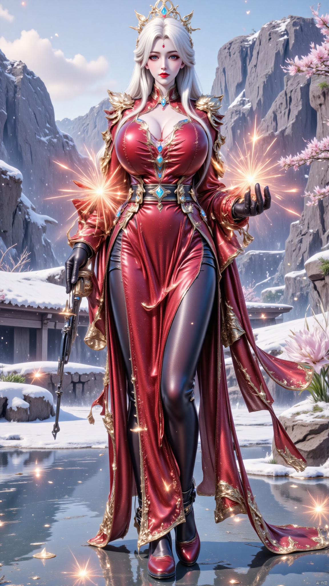 best quality,realistic,upper body,side cutout,hime cut,1girl,solo,long hair,blonde hair,hair ornament,crown,breasts,cleavage,dress,red dress,pantyhose,long sleeves,belt,armor,wide sleeves,gloves,black gloves,flower,choker,jewelry,red lips,magic,sparkle,red lips,handsome face,chinese clothes,sword,holding sword,YMJH玄焰炽九宸,snow,snowing,snow mountains,陆雪琪,luxueqi,Bibidong,change,Hugebr,yunluo