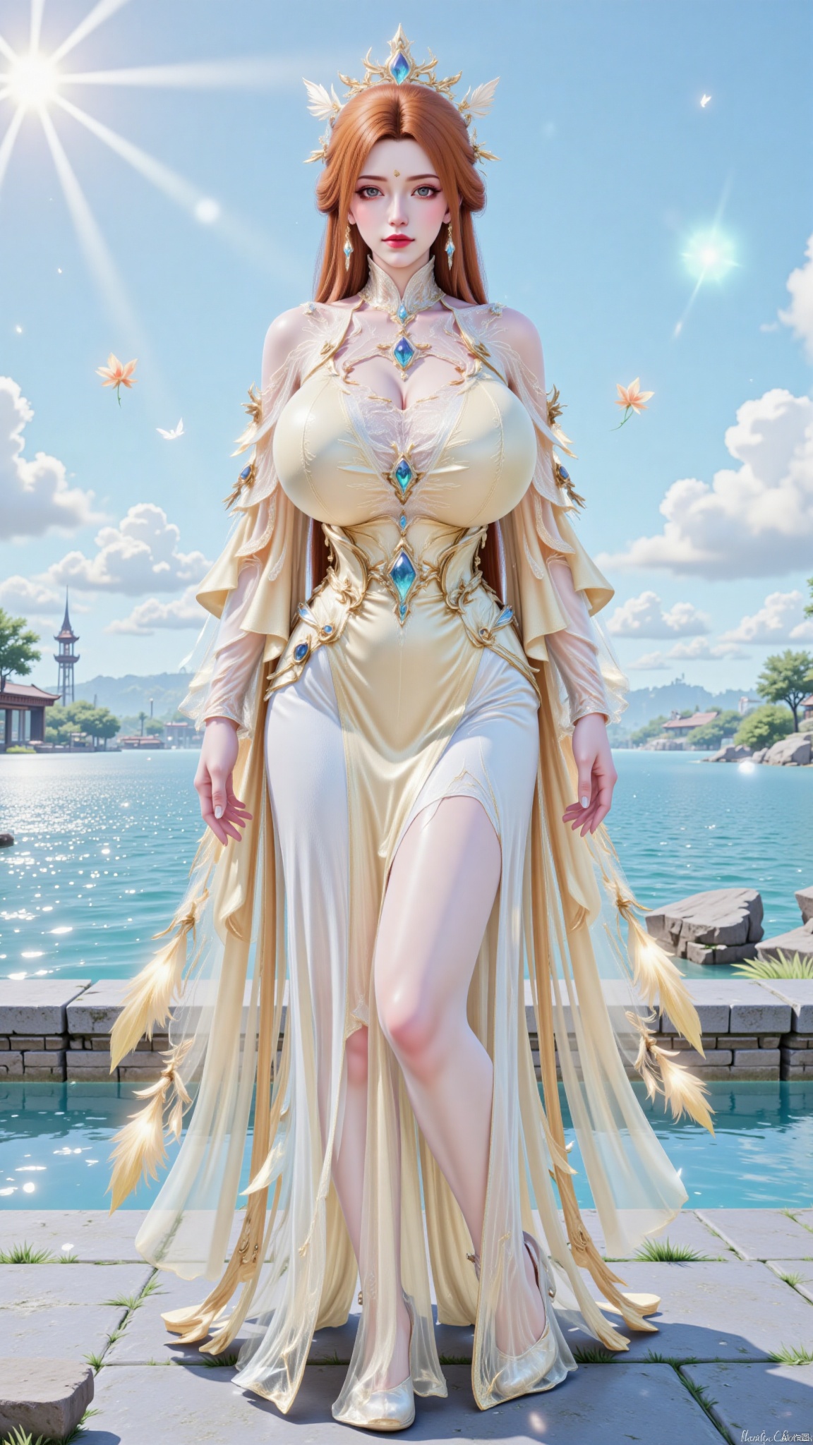 upper body,hime cut,1girl,solo,huge breasts,huge buttocks,orange hair,red hair,blonde hair,very long hair,long hair,hair ornament,bare shoulders,braid,hanfu,dress,long dress,yellow dress,white dress,detached sleeves,long sleeves,wide sleeves,see-through,jewelry,makeup,tiara,feathers,feather earrings,gem,red lips,sparkle,takanashi kiara,Furixiaguan,sky,blue sky,water,lily,Hugebr,yunluo,DTCchange,huolinger,luxueqi