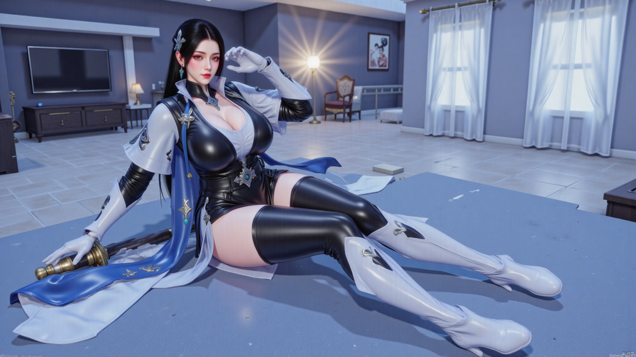 best quality,realistic,1girl,solo,upper body,sitting,on the bed,Hugebr,huge breasts,huge buttocks,looking at viewer,black hair,hair ornament,blue headband,white gloves,elbow gloves,long sleeves,cape,sword,holding sword,armor,bed,indoors,modern home background,huashanzy,huolinger,Hugebr,QipaoQ,luxueqi,LXQ陆雪琪,DTCchange