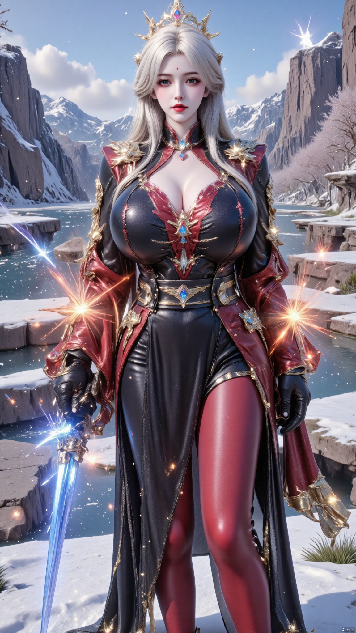 best quality,realistic,upper body,side cutout,hime cut,1girl,solo,holding sword,long hair,blonde hair,hair ornament,crown,huge breasts,cleavage,dress,black dress,red pantyhose,long sleeves,belt,armor,wide sleeves,gloves,black gloves,flower,choker,jewelry,red lips,magic,sparkle,red lips,handsome face,sword,YMJH玄焰炽九宸,snow,snowing,snow mountains,Hugebr,yunluo