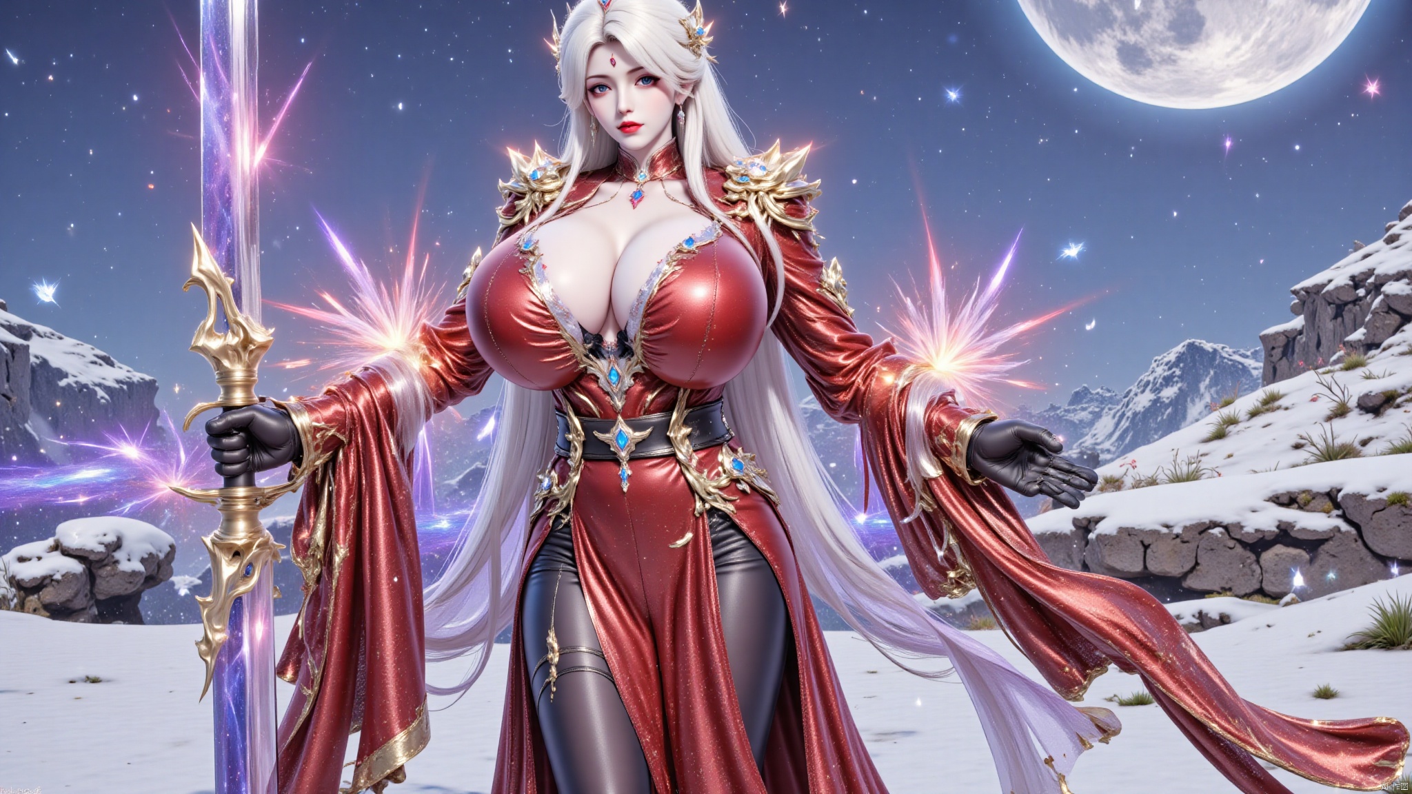 YMJH玄焰炽九宸,1girl,solo,upper body,huge breasts,cleavage,long hair,blonde hair,hair ornament,crown,dress,red dress,pantyhose,long sleeves,black belt,armor,wide sleeves,gloves,black gloves,flower,choker,jewelry,red lips,magic,sparkle,red lips,sword,holding sword,snow,snowing,snow mountains,HugeYM,luxueqi,Hugebr,best quality,realistic,huolinger
