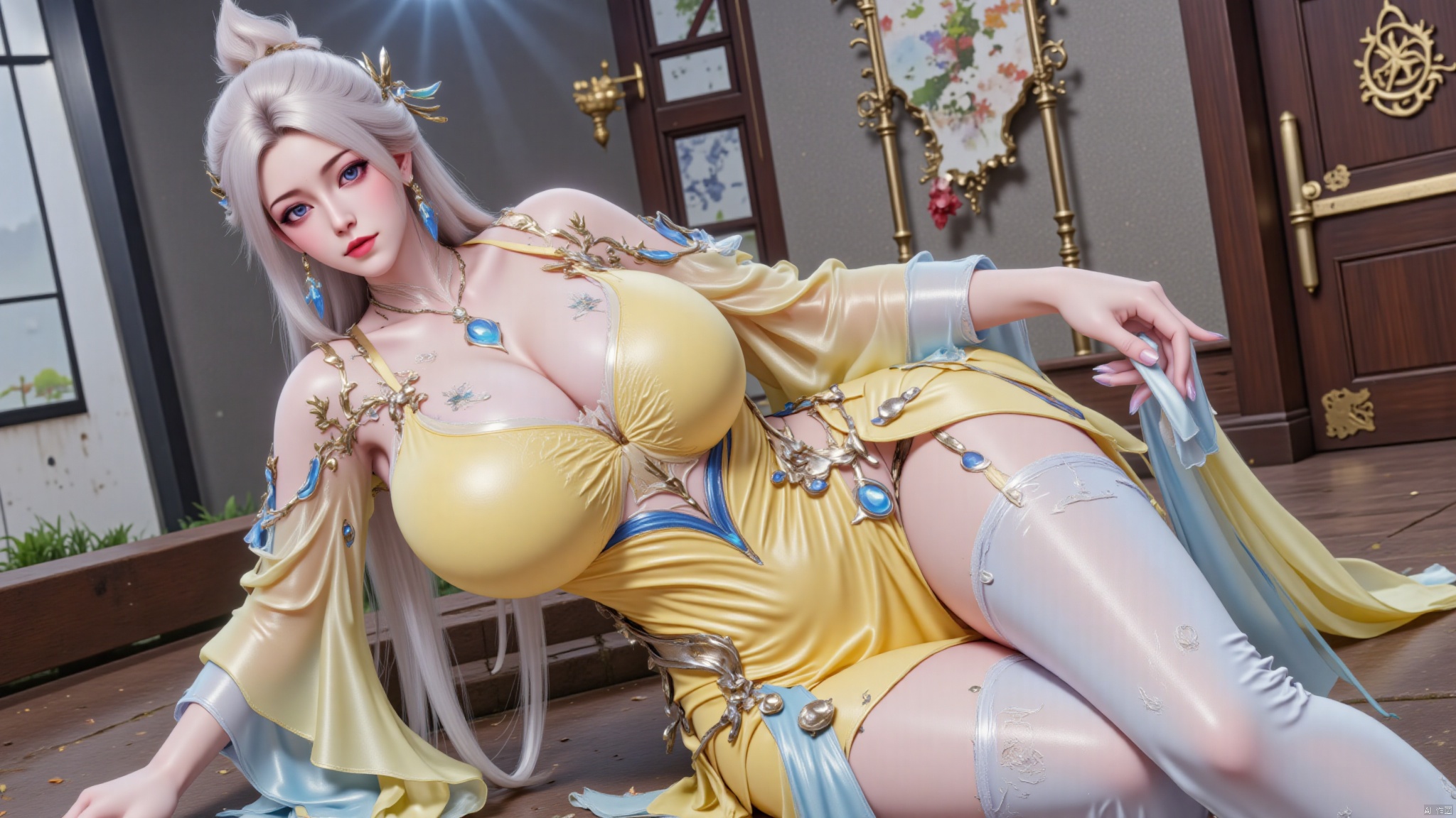 YMJHyuntantianguangmiao,1girl,solo,huge breasts,huge buttocks,long hair,blonde hair,hair ornament,hair bun,bare shoulders,see-through,long sleeves,wide sleeves,detached sleeves,yellow dress,cleavage,thighhighs,pants,jewelry,necklace,boots,braid,sparkle,tattoo,crown,tassel,Hugebr,luxueqi,indoors,modern home background,yunluo