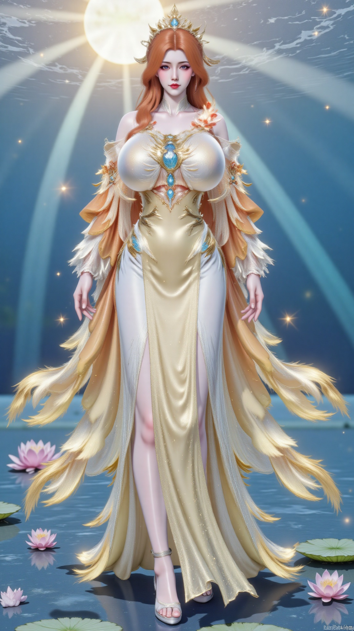 1girl, solo,looking at viewer,standing,crossing her hands,full body,on the pond full of water lilies and lotus,shiny background,sun,sunshine,breasts,huge breasts,huge buttocks,orange hair,red hair,blonde hair,long hair,very long hair,hair ornament,bare shoulders,chinese clothes,braid,hanfu,dress,long dress,yellow dress,white dress,backless outfit,backless dress,detached sleeves,long sleeves,wide sleeves,see-through,jewelry,high heels,makeup,white footwear,bare legs,tiara,feathers,facial mark,gem,purple eyes,eyeshadow,red lips,sparkle,bird,takanashi kiara,fire,chinese girl,pretty girl,juru2,Firixiaguan,Hugebr,change