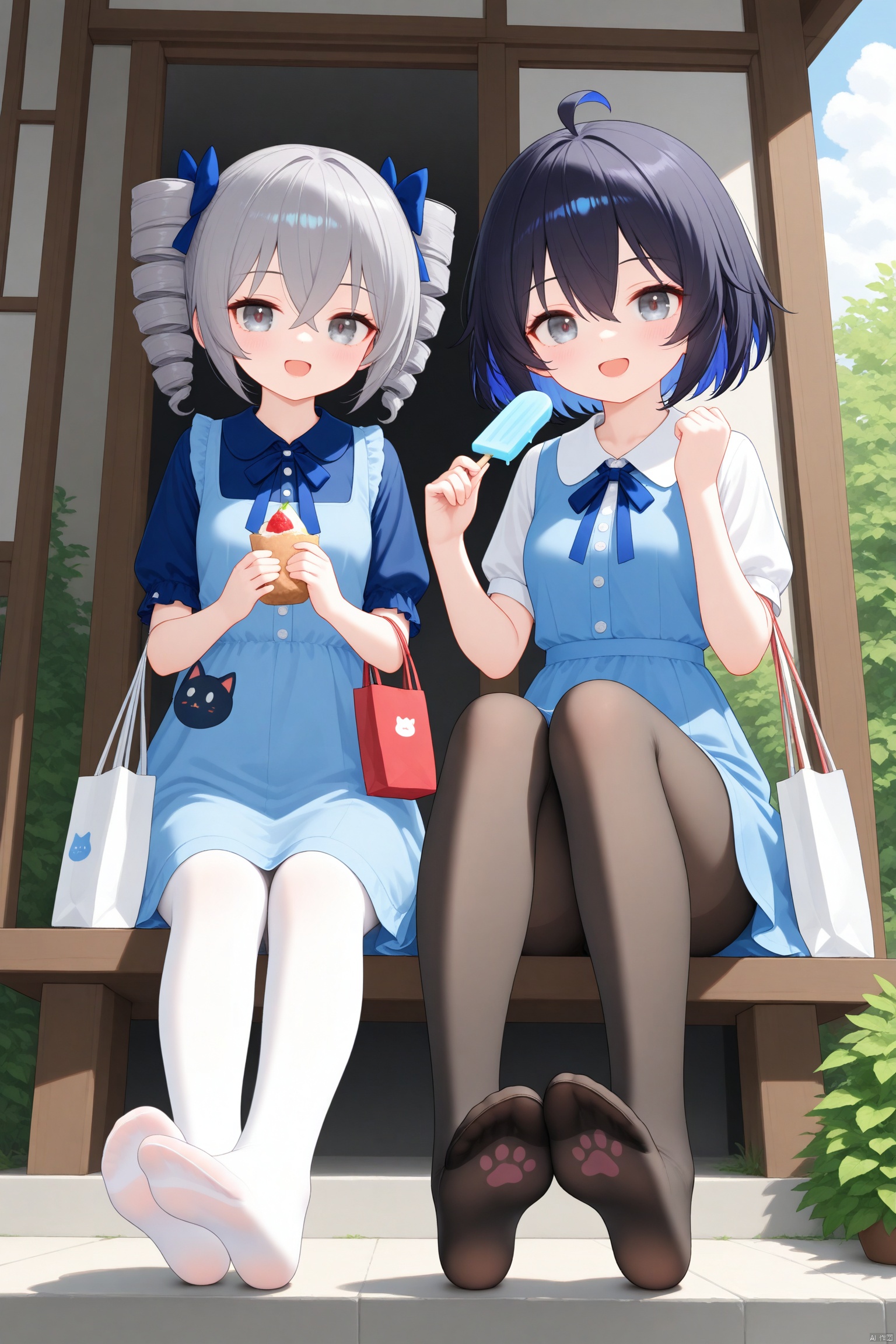 masterpiece,best quality,high quality,looking at viewer, blush, smile, short hair, open mouth, bangs, blue eyes, multiple girls, dress, bow, holding, 2girls, hair between eyes, blue hair, full body, ahoge, short sleeves, :d, hair bow, grey hair, pantyhose, outdoors, food, bag, vest, feet, grey eyes, toes, blue dress, no shoes, drill hair, soles, holding food, twin drills, popsicle, foot focus, holding bag, paw print, shopping bag, bronya zaychik, seele vollerei,cxnice3