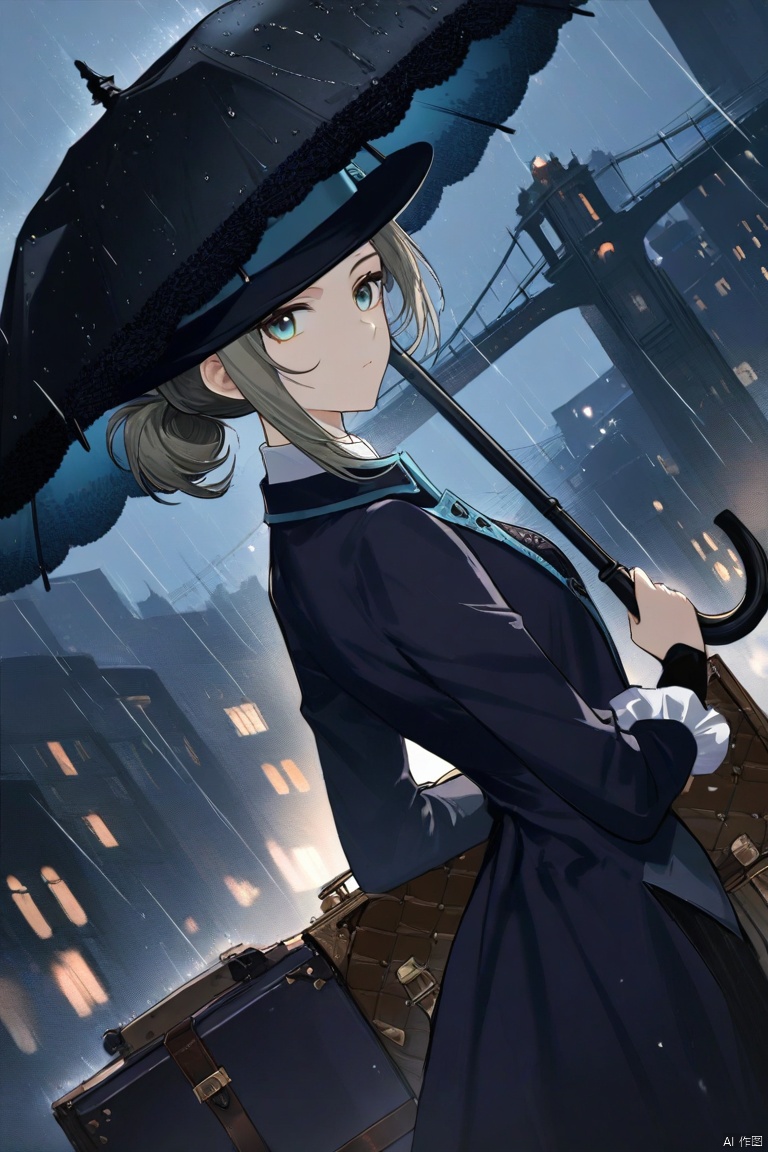 1girl, vertin reverse:1999, black umbrella, headwear, suitcase, looking at viewer, rain, night, city, bridge, from side, dutch angle, upper body