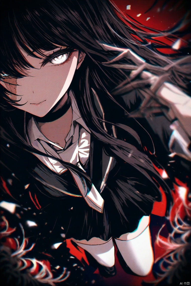 by washiya0, masterpiece, high score, great score, absurdres, 
1girl,black hair, white eyes, scar on face, white necktie,black choker, black skirt, dark_theme,detailed eyes,white thighhighs,loafers, spider lily, abstract background, vignetting, blurry edges, chromatic aberration, abstract background,wind , red background,white flames,detailed fingers,
,blurry edges, film grain,close_up,chromatic aberration, depth of field,
 