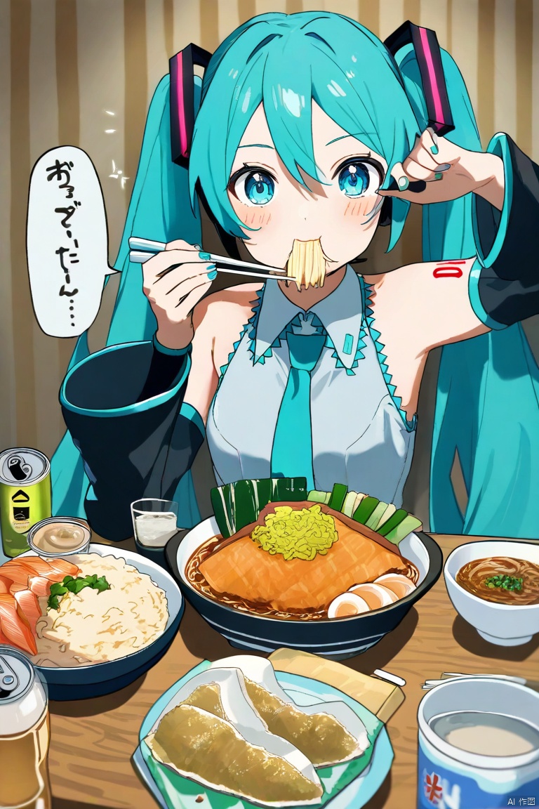 1girl, hatsune miku, vocaloid, blue eyes, blue hair, bowl, can, chopsticks, collared shirt, detached sleeves, eating, elbow rest, fish \(food\), food, holding, holding chopsticks, katsudon \(food\), long hair, long sleeves, looking at viewer, meal, nail polish, necktie, noodles, onigiri, plate, ramen, sashimi, shirt, shrimp, shrimp tempura, sleeveless, sleeveless shirt, solo, spring onion, tempura, twintails