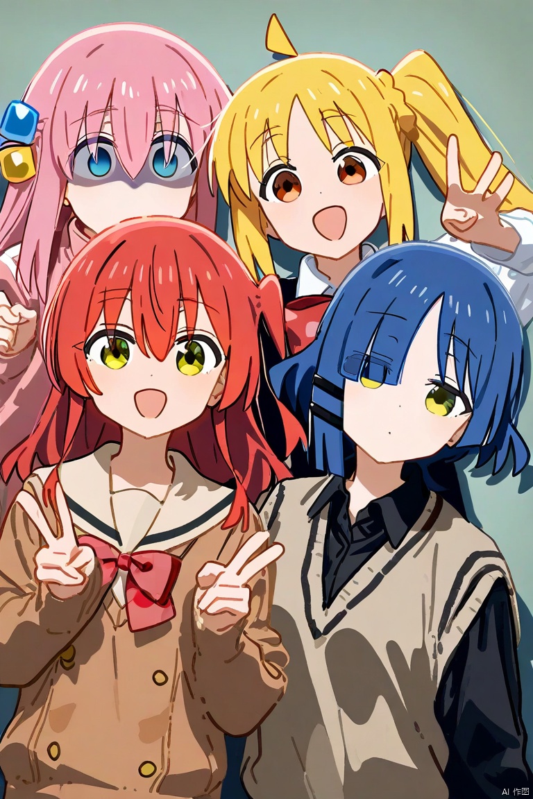 4girls, multiple girls, gotoh hitori, ijichi nijika, kita ikuyo, yamada ryo, bocchi the rock!,  ahoge, black shirt, blank eyes, blonde hair, blue eyes, blue hair, brown sweater, collared shirt, cube hair ornament, detached ahoge, empty eyes, green eyes, hair ornament, hairclip, kessoku band, long sleeves, looking at viewer, medium hair, mole, mole under eye, one side up, pink hair, pink track suit, red eyes, red hair, sailor collar, school uniform, serafuku, shirt, shuka high school uniform, side ahoge, side ponytail, sweater, sweater vest, track suit, white shirt, yellow eyes, painterly, impressionism, faux traditional media, v, double v, waving